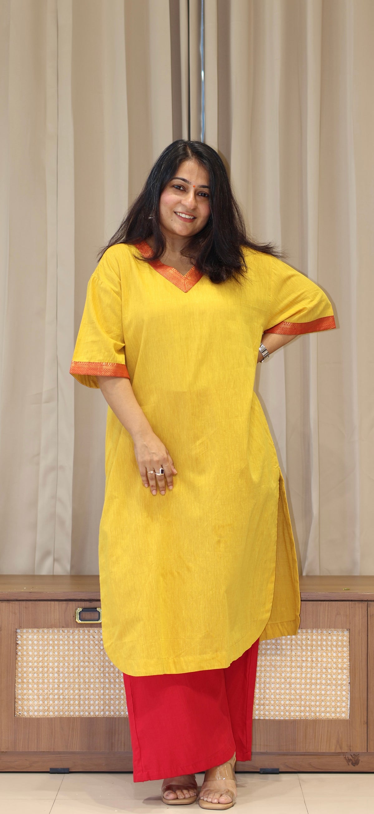Manvi Mangalgiri Cotton Kali Kurta With Nizam Border - Yellow