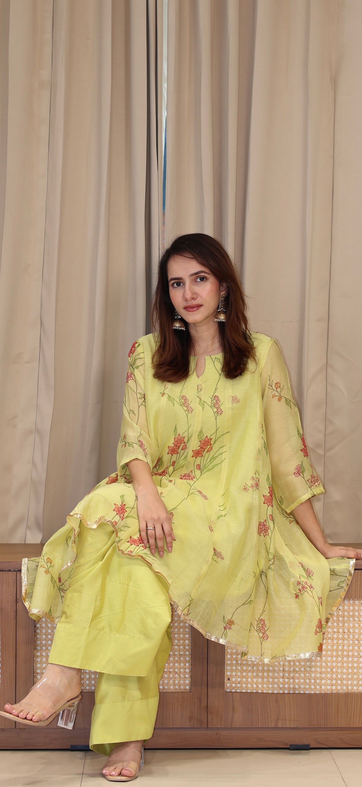 Amvi Mul Chanderi Kurta Set - Green Floral