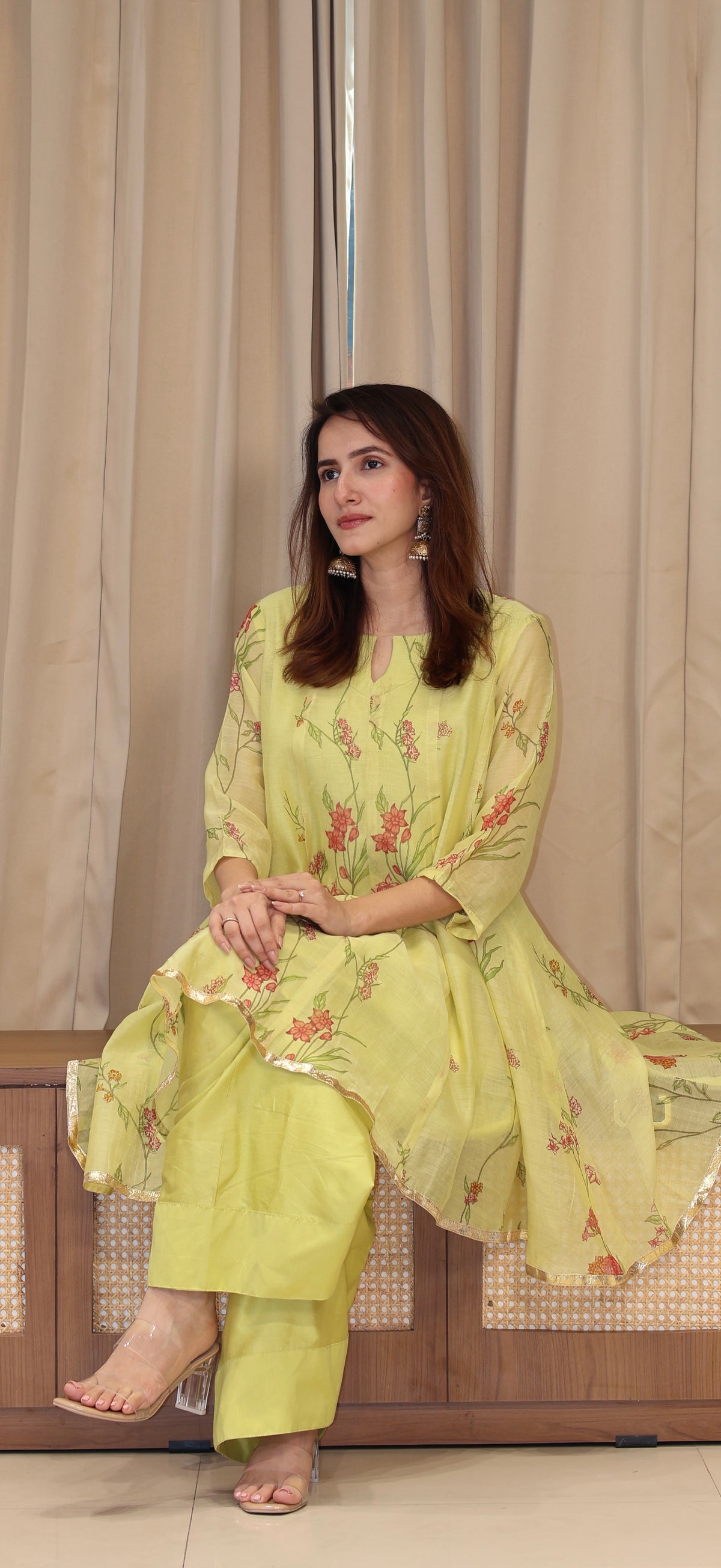 Amvi Mul Chanderi Kurta Set - Green Floral