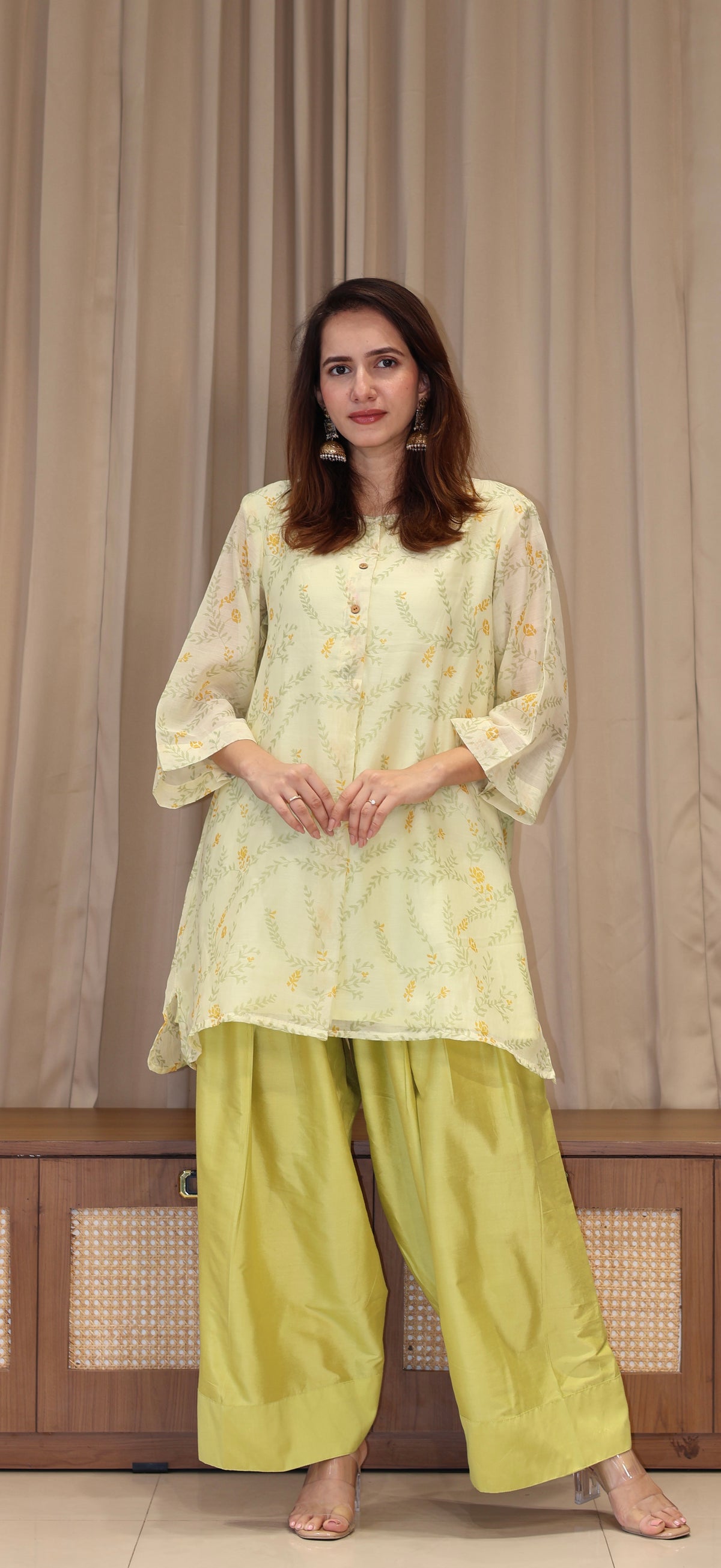 Anusha Mul Chanderi Kurta Set  - Greenish Beige