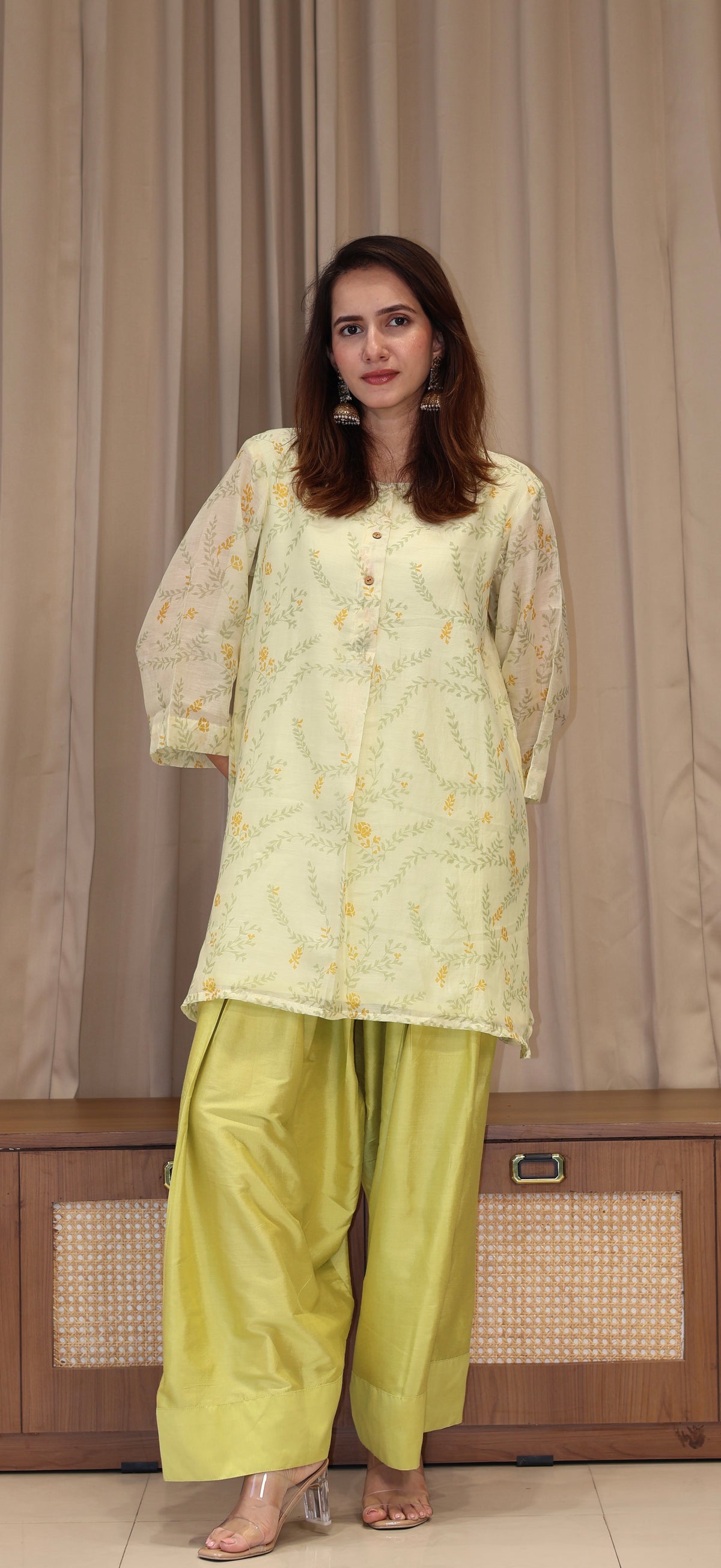 Anusha Mul Chanderi Kurta Set  - Greenish Beige