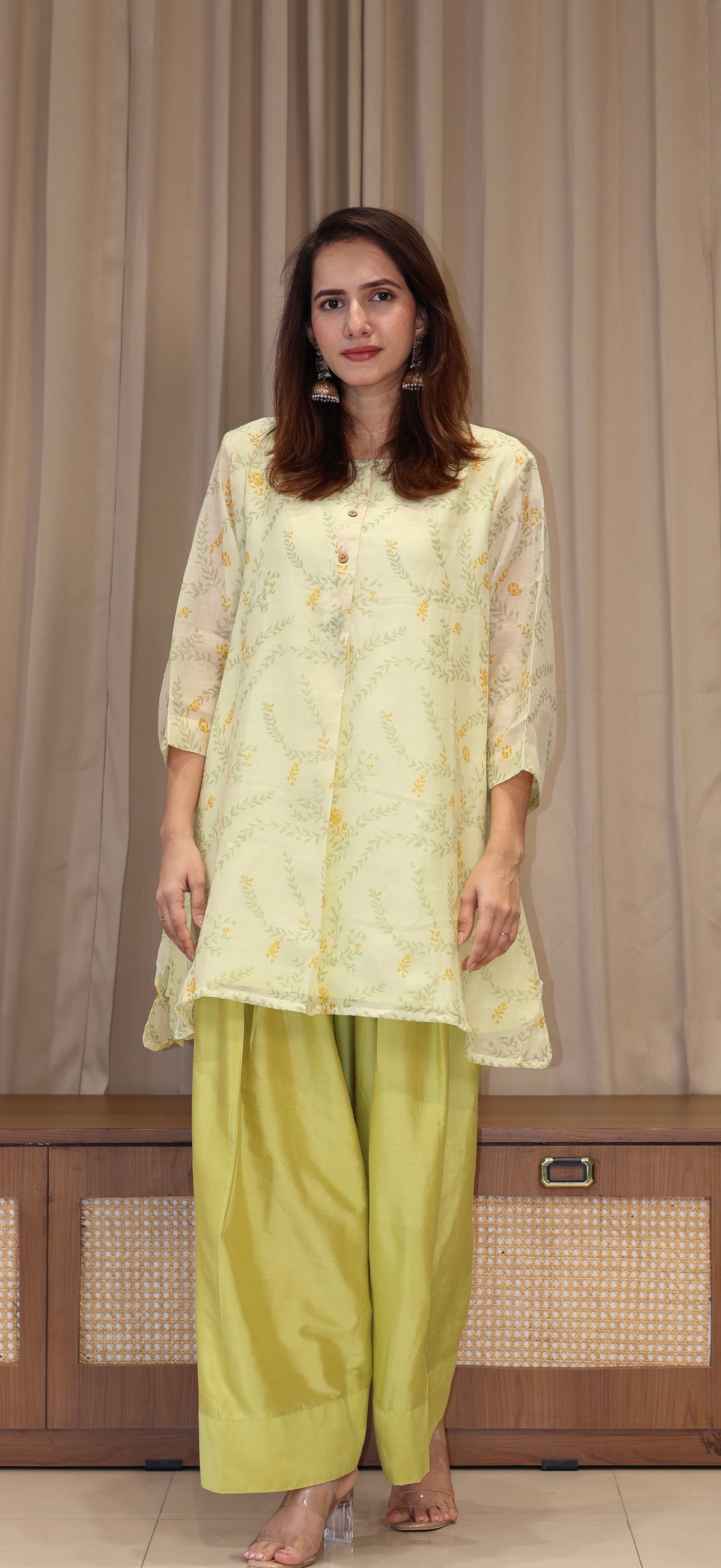 Anusha Mul Chanderi Kurta Set  - Greenish Beige