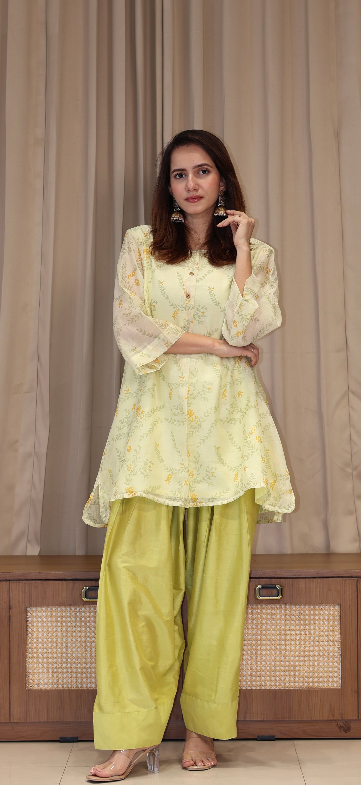 Anusha Mul Chanderi Kurta Set  - Greenish Beige