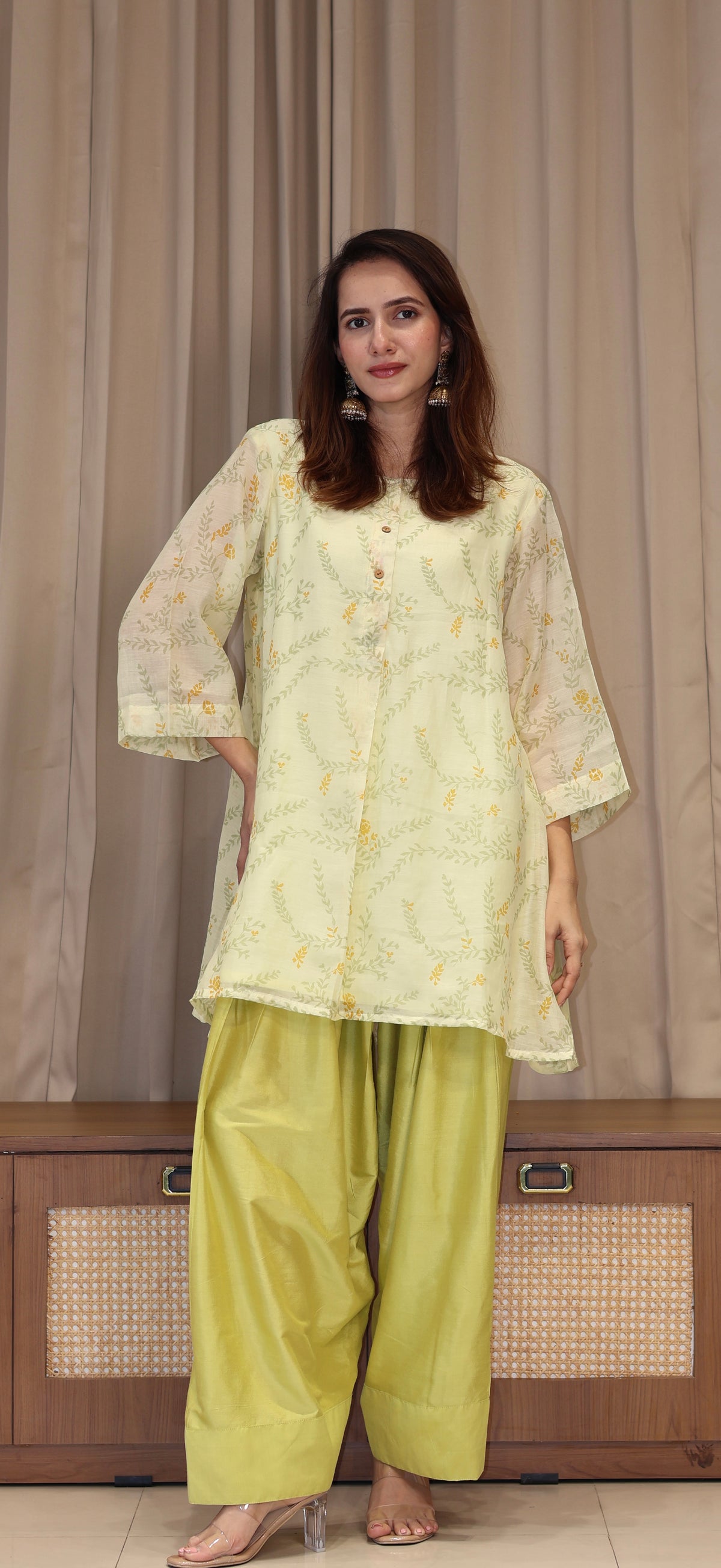 Anusha Mul Chanderi Kurta Set  - Greenish Beige