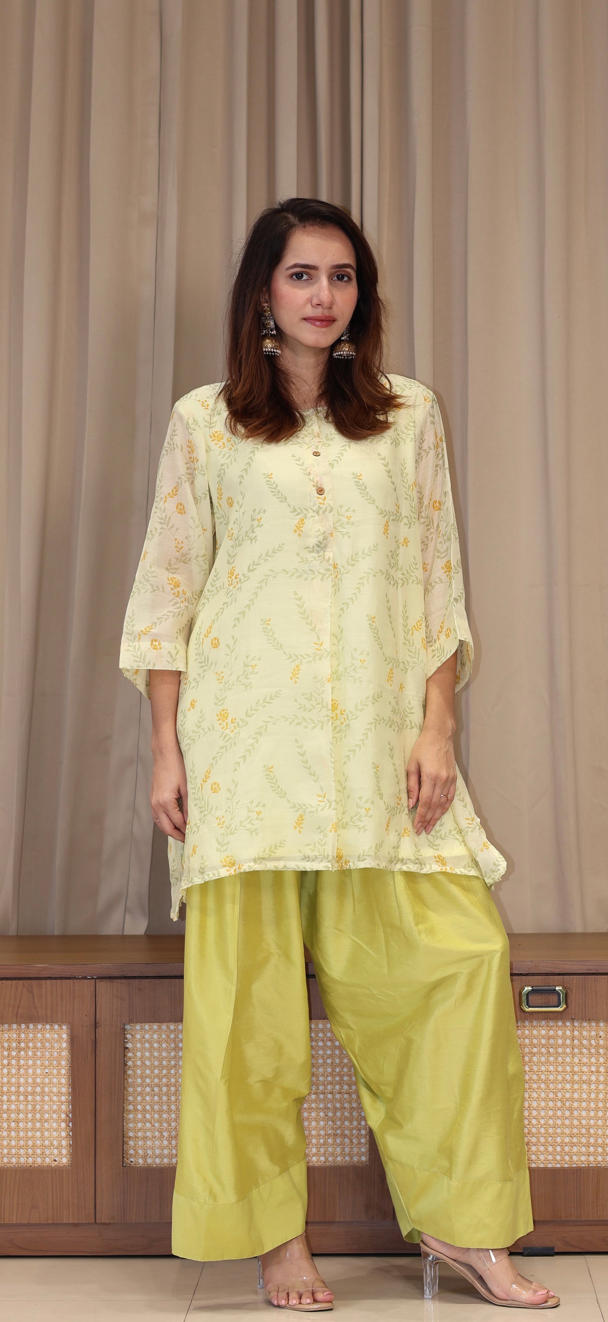 Anusha Mul Chanderi Kurta Set  - Greenish Beige
