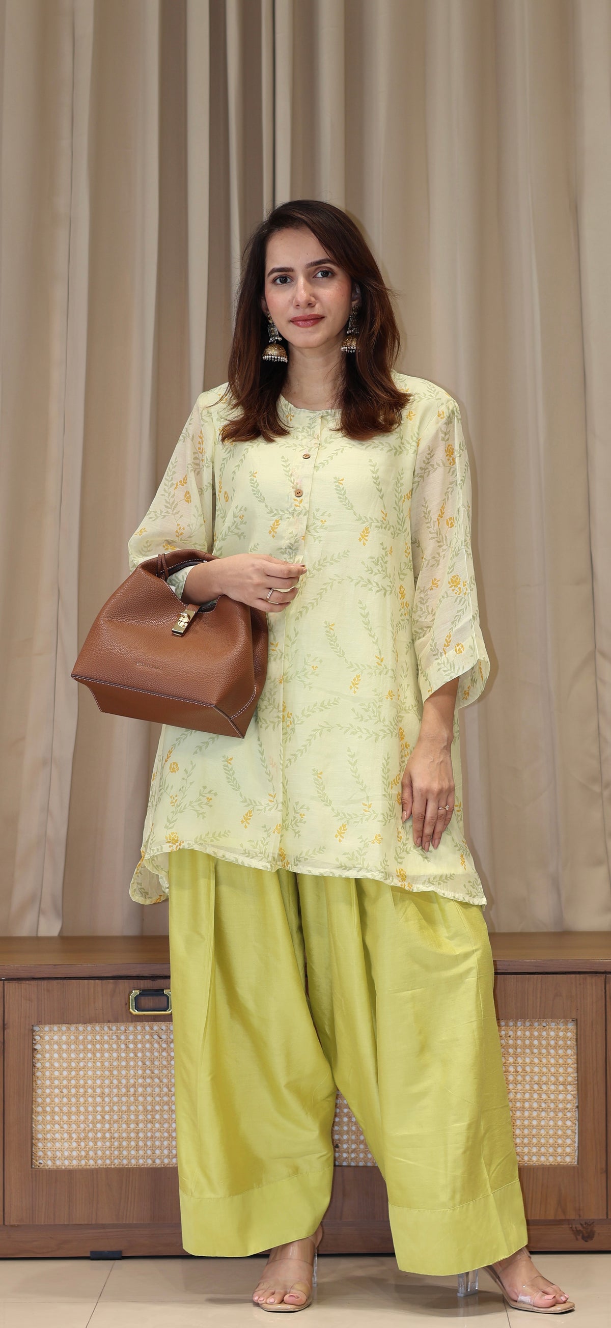 Anusha Mul Chanderi Kurta Set  - Greenish Beige