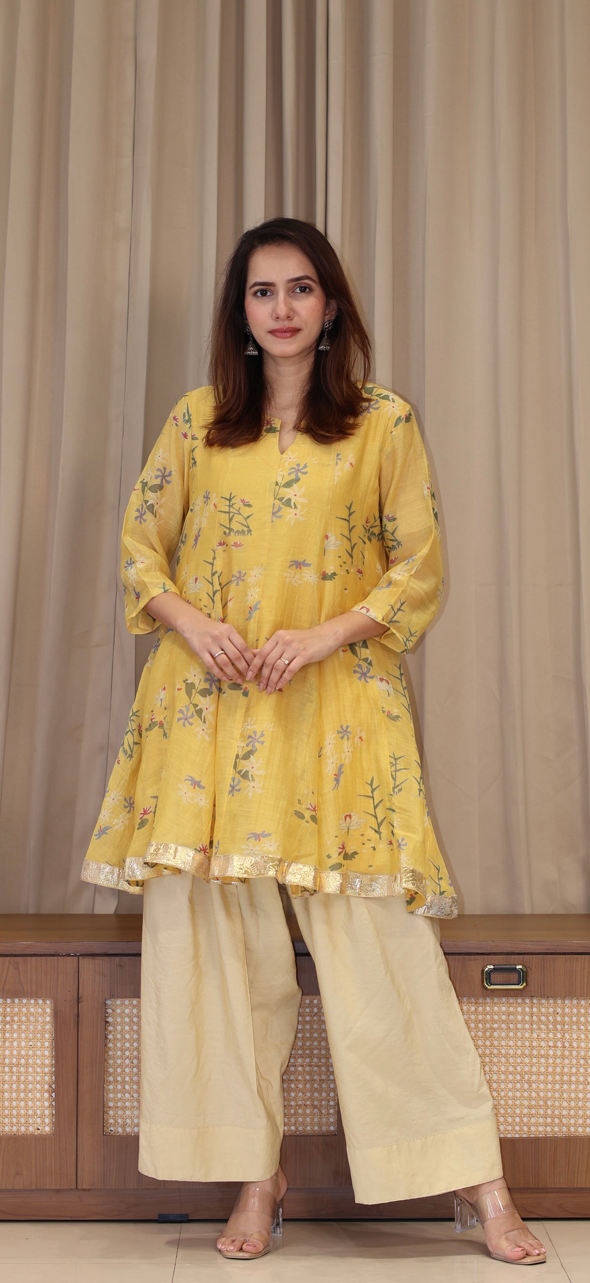 Myra Mul Chanderi Kurta Set - Yellow Floral
