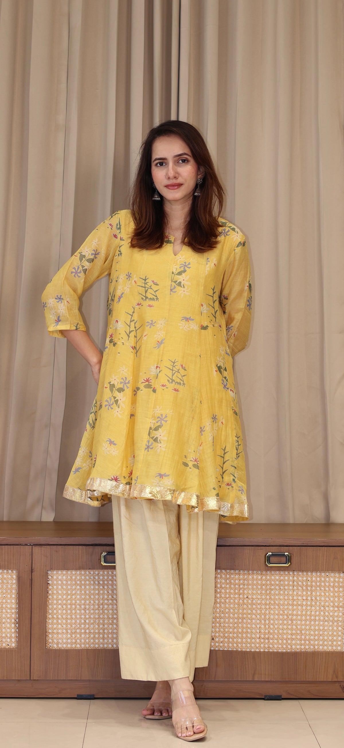 Myra Mul Chanderi Kurta Set - Yellow Floral