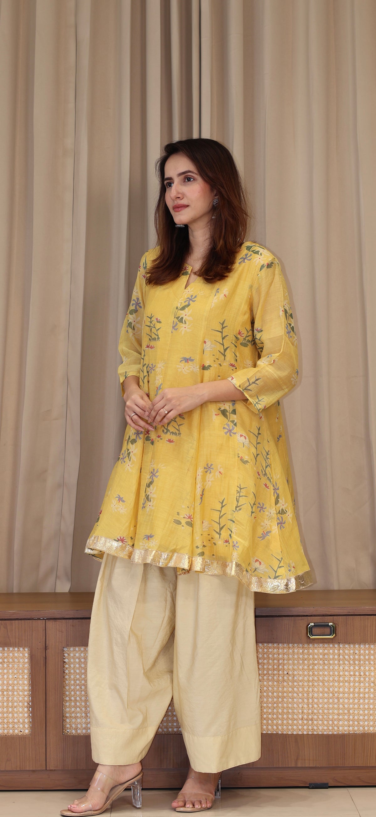 Myra Mul Chanderi Kurta Set - Yellow Floral