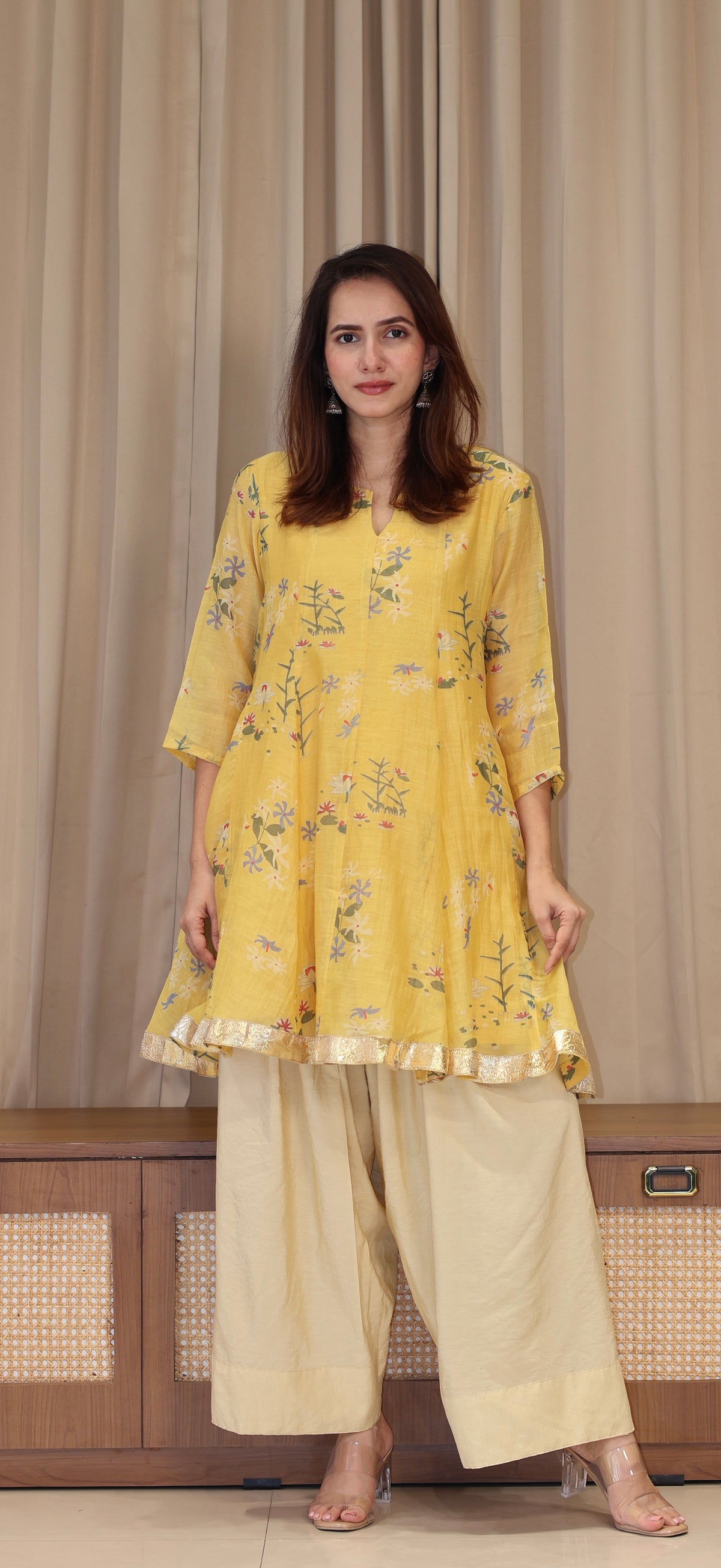 Myra Mul Chanderi Kurta Set - Yellow Floral
