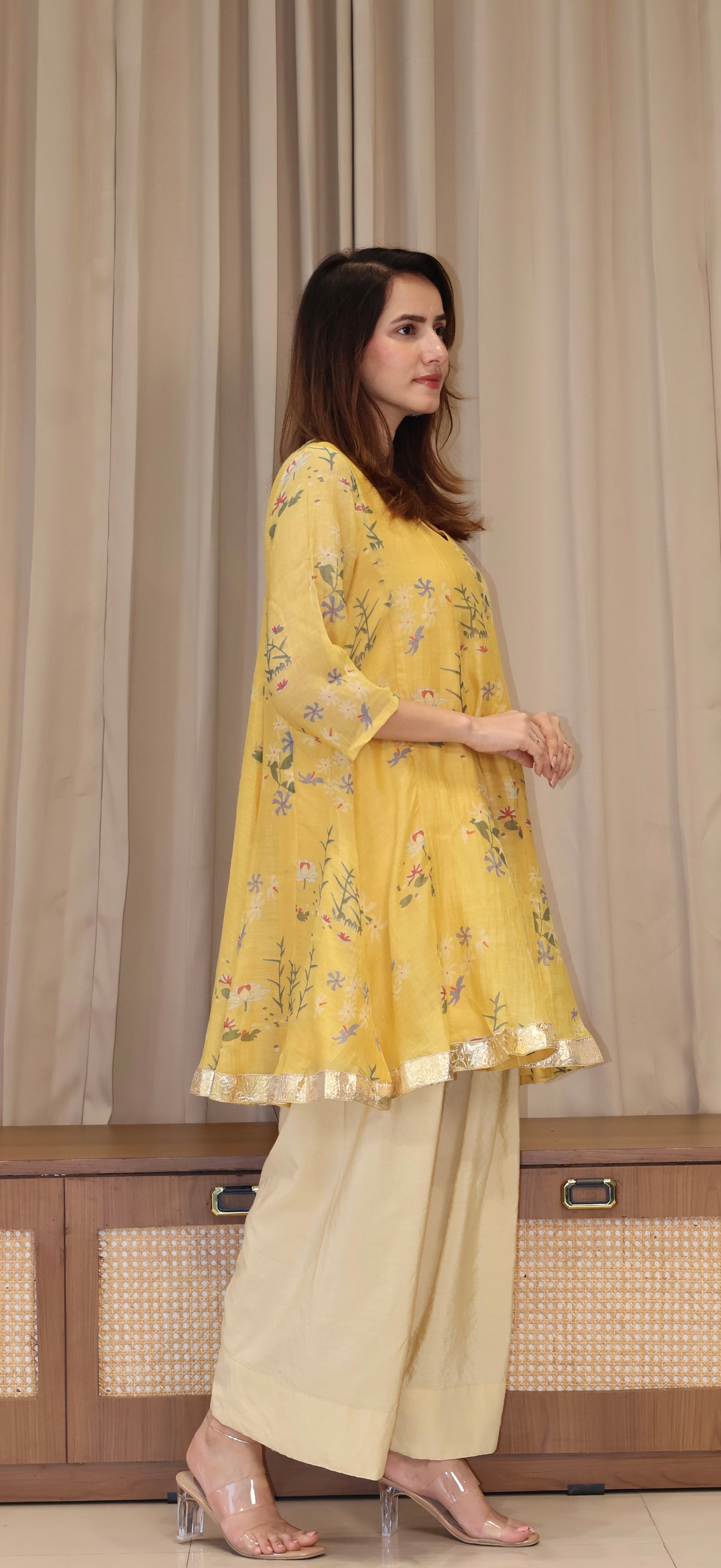 Myra Mul Chanderi Kurta Set - Yellow Floral