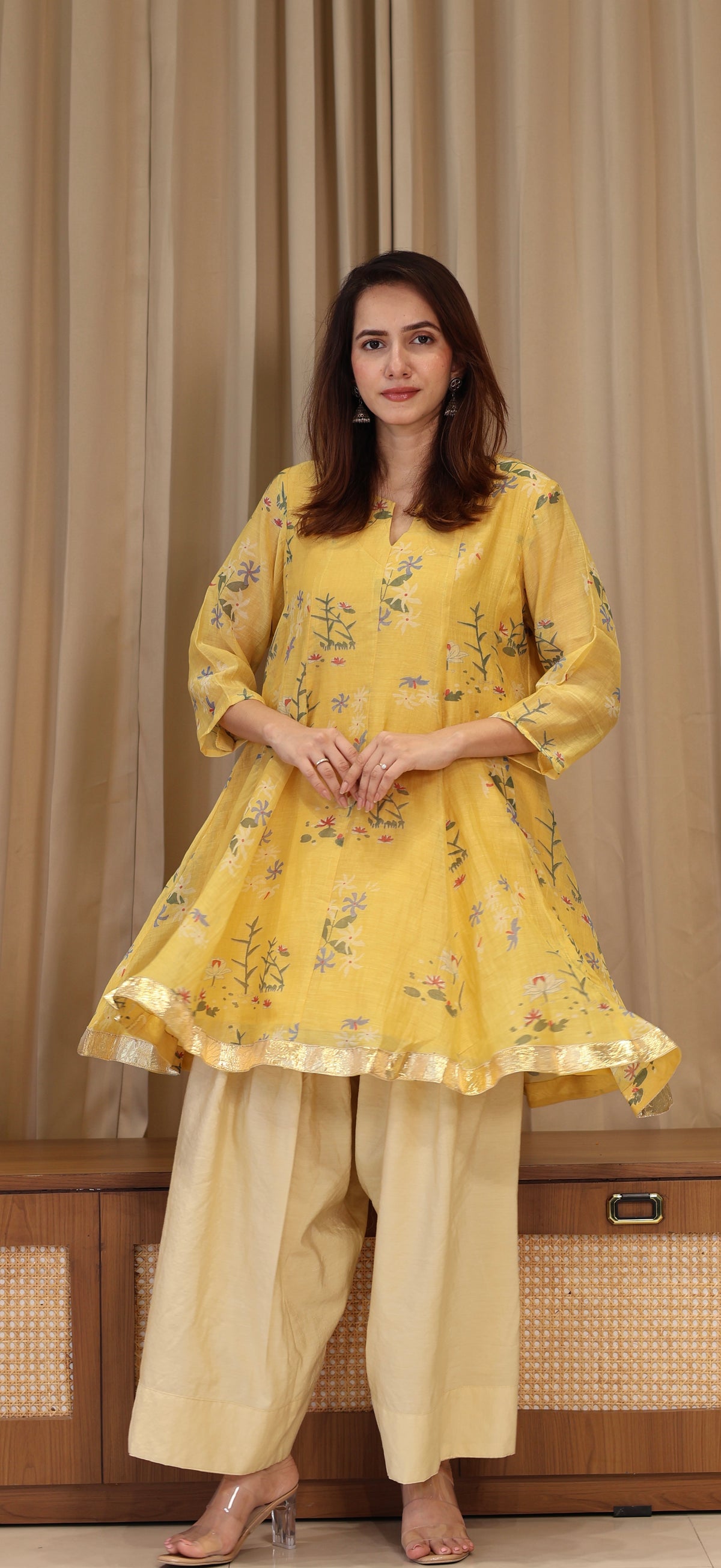 Myra Mul Chanderi Kurta Set - Yellow Floral
