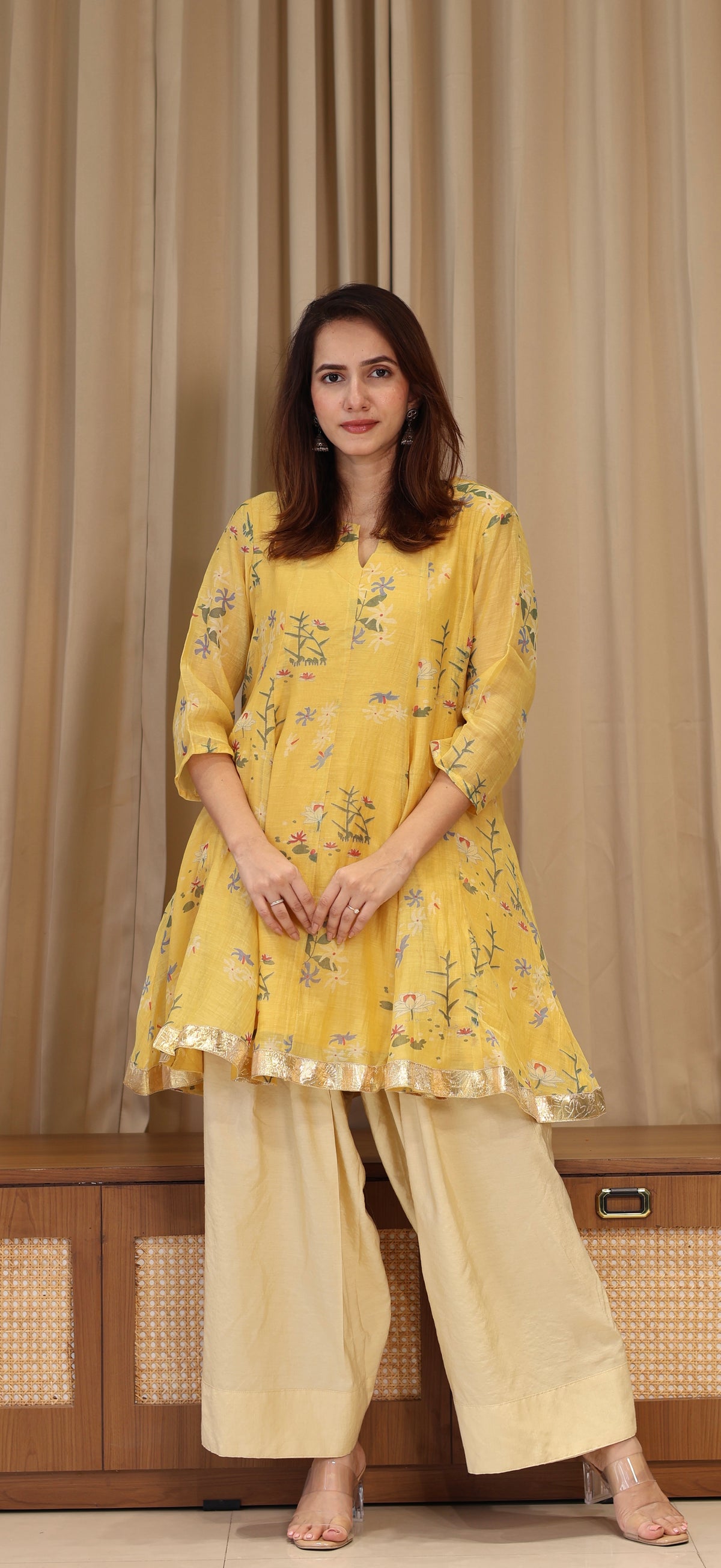 Myra Mul Chanderi Kurta Set - Yellow Floral