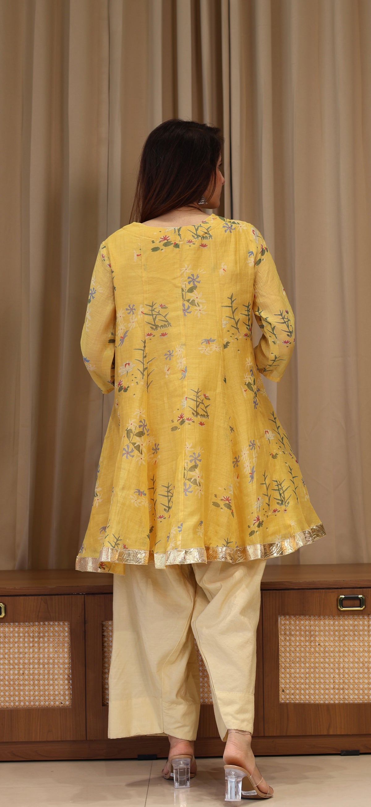Myra Mul Chanderi Kurta Set - Yellow Floral