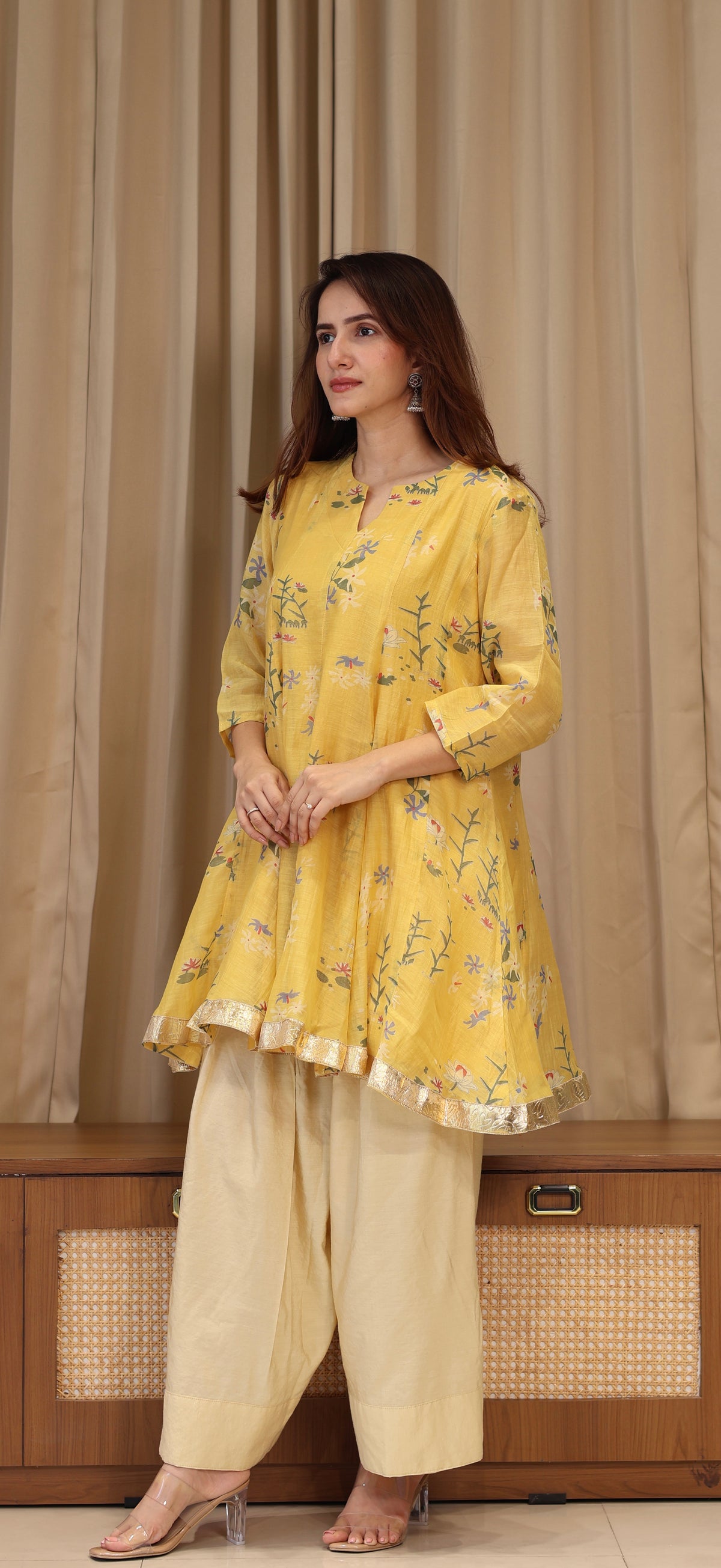 Myra Mul Chanderi Kurta Set - Yellow Floral