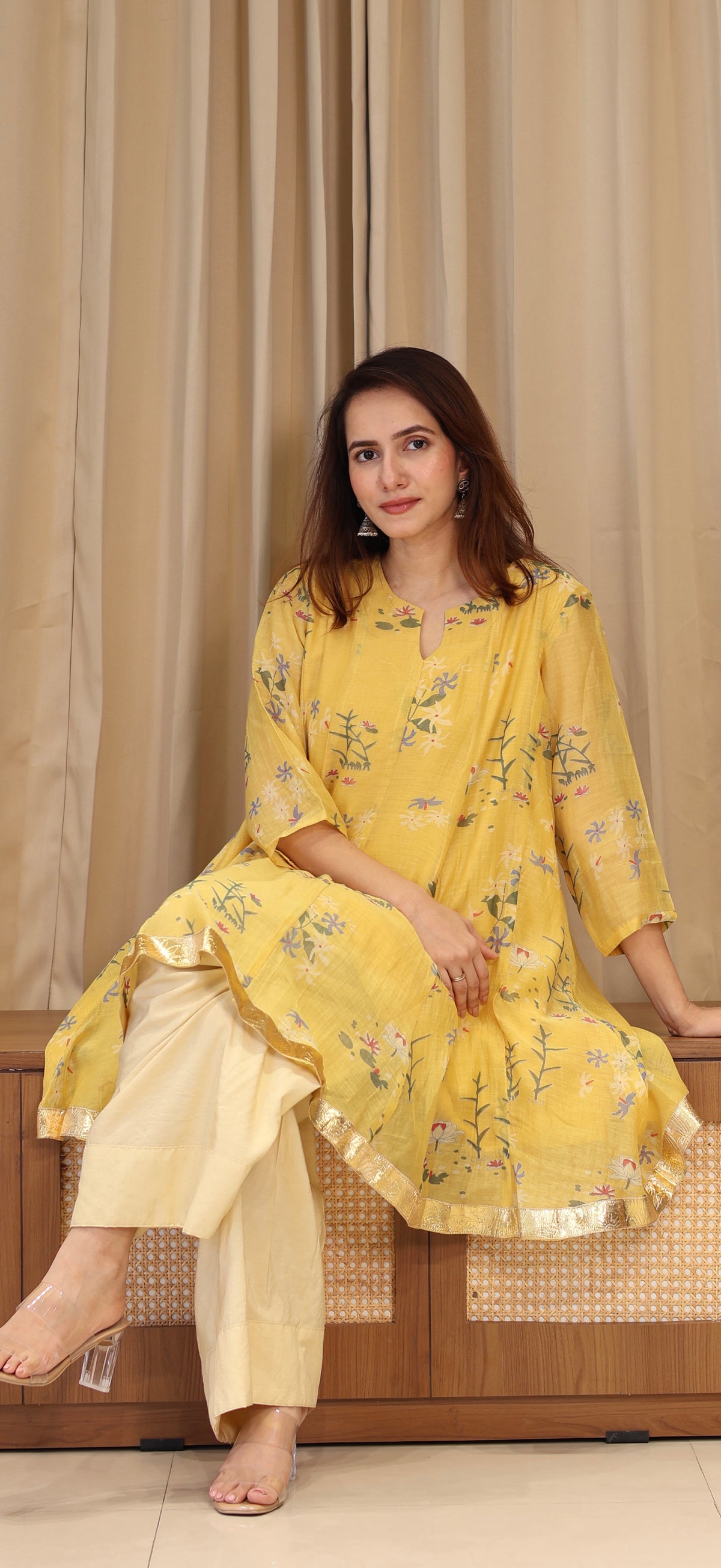 Myra Mul Chanderi Kurta Set - Yellow Floral