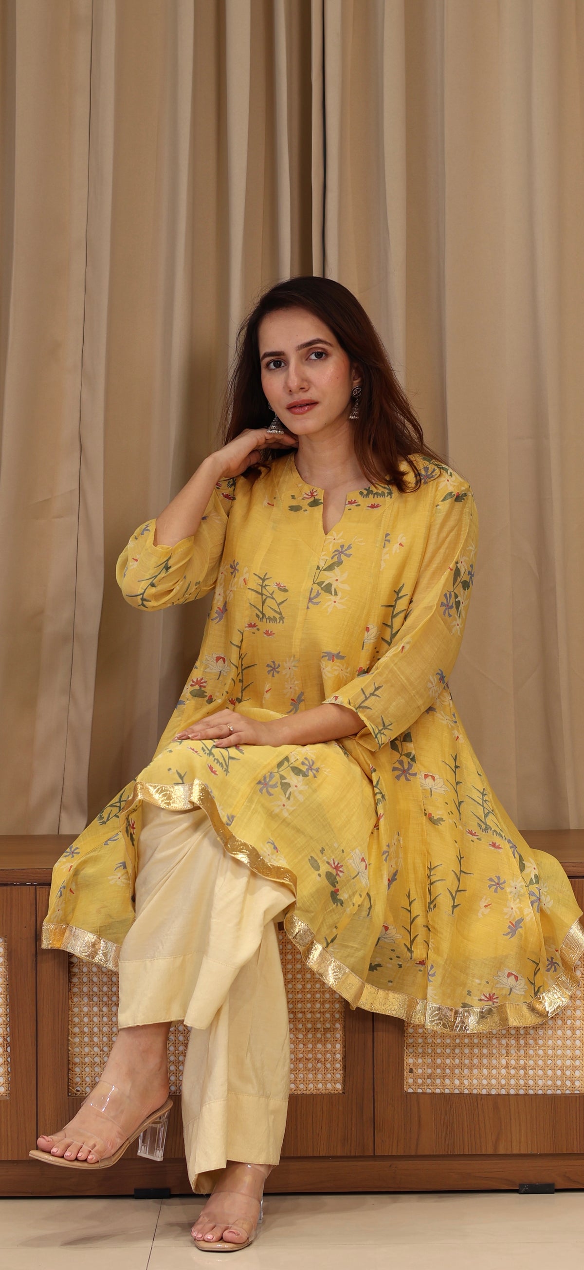 Myra Mul Chanderi Kurta Set - Yellow Floral