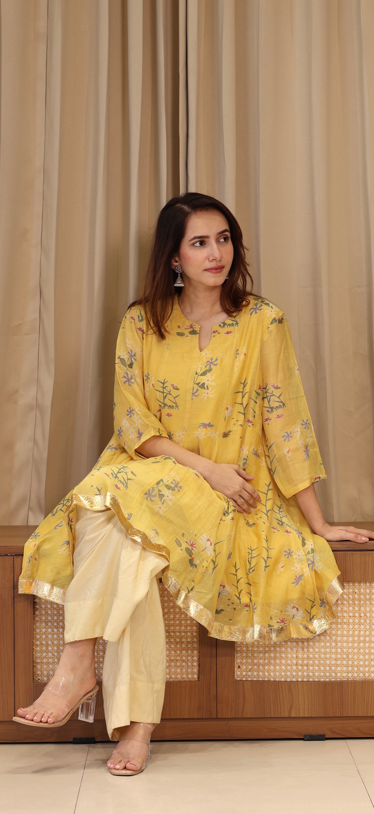 Myra Mul Chanderi Kurta Set - Yellow Floral
