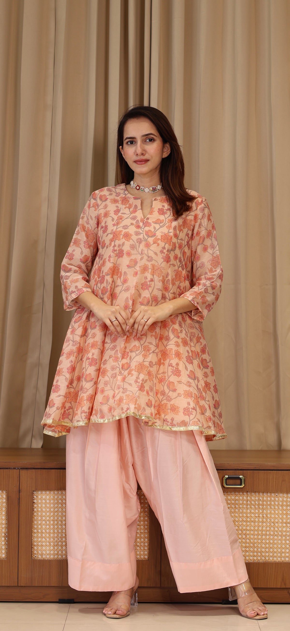 Lillies Mul Chanderi Kurta Set - Peach Floral