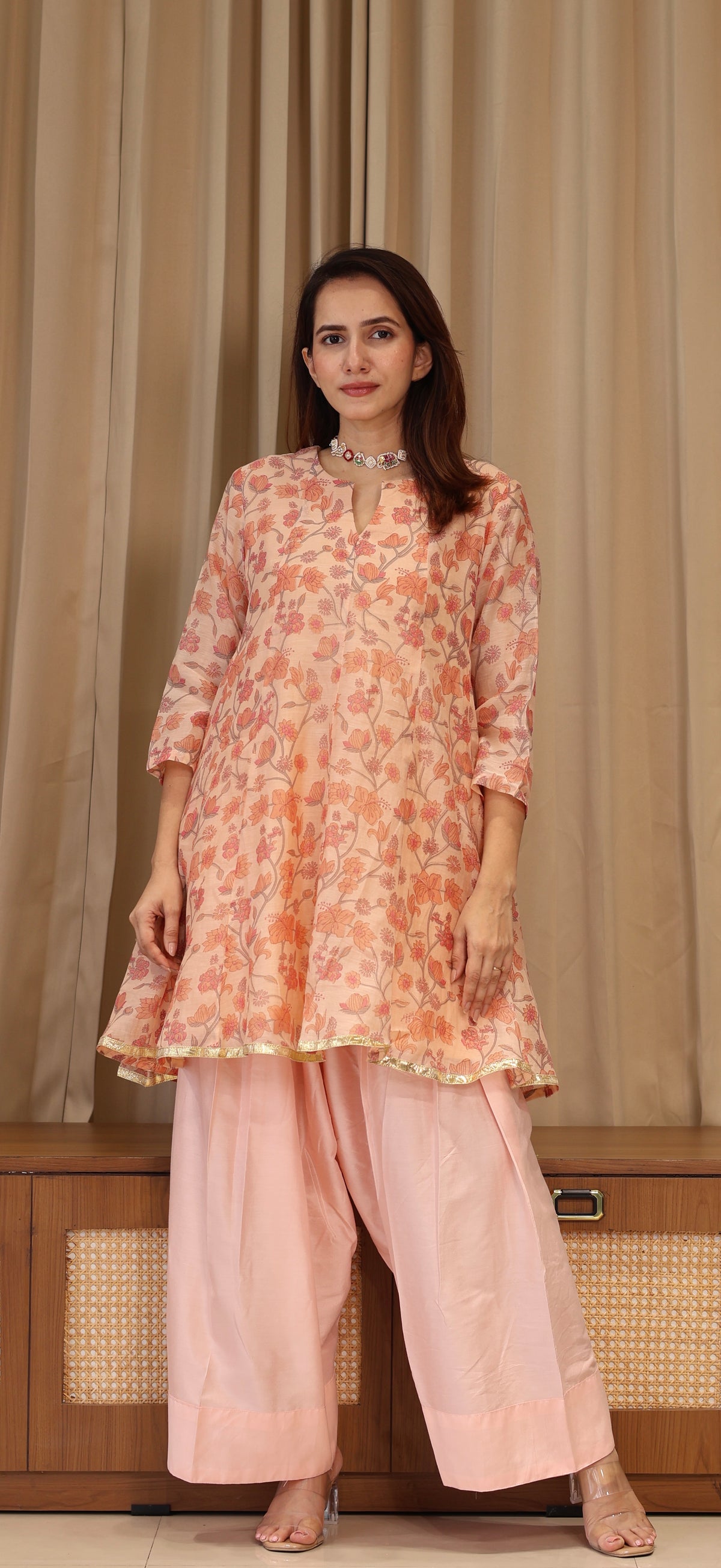 Lillies Mul Chanderi Kurta Set - Peach Floral