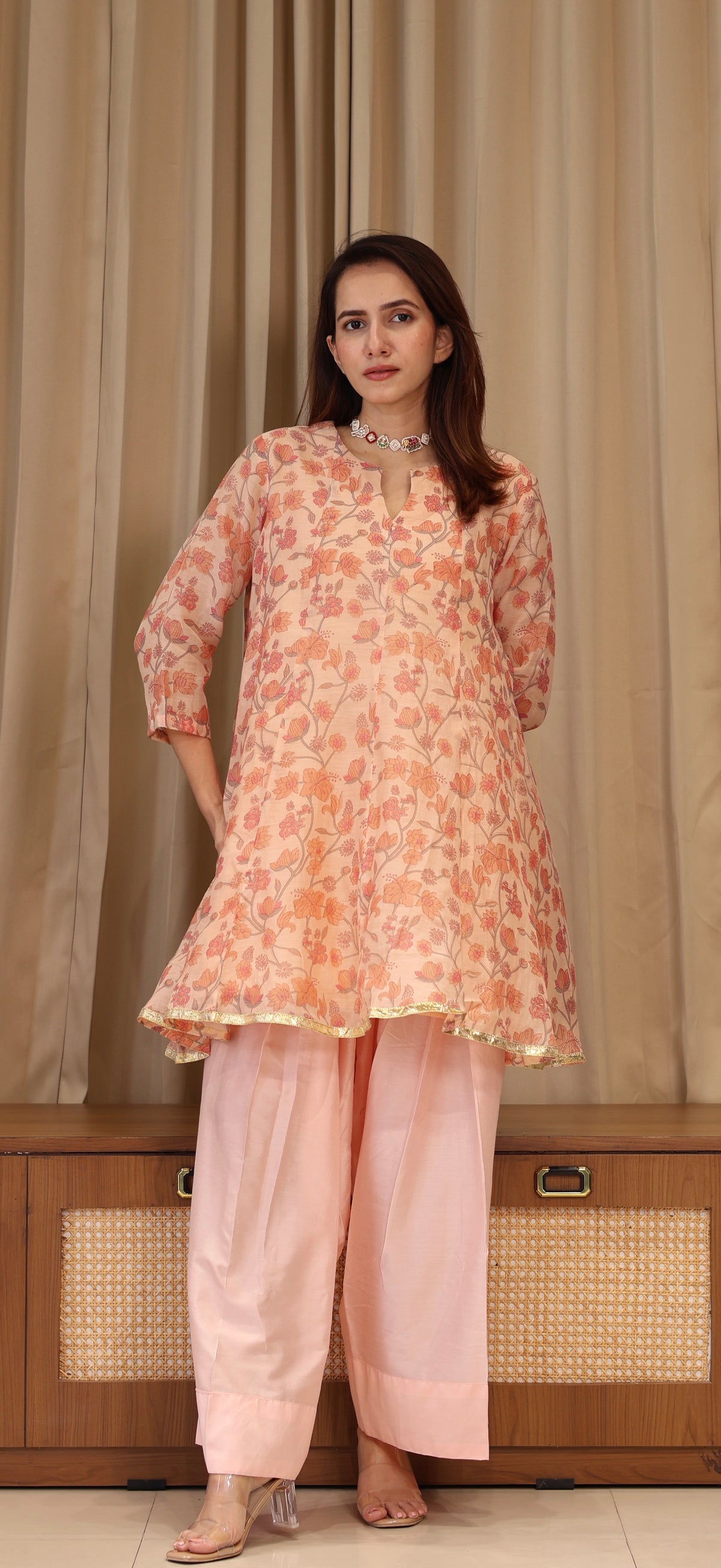 Lillies Mul Chanderi Kurta Set - Peach Floral