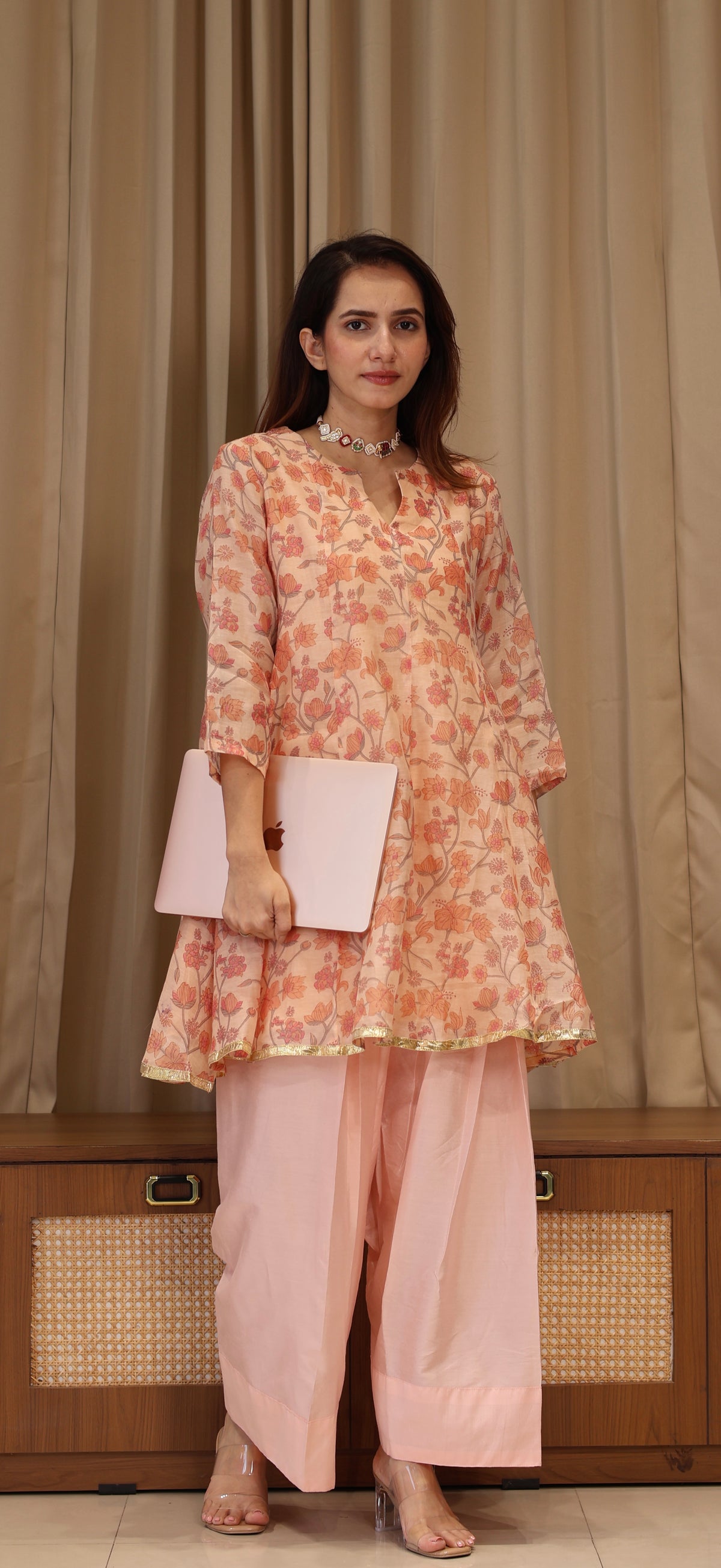 Lillies Mul Chanderi Kurta Set - Peach Floral