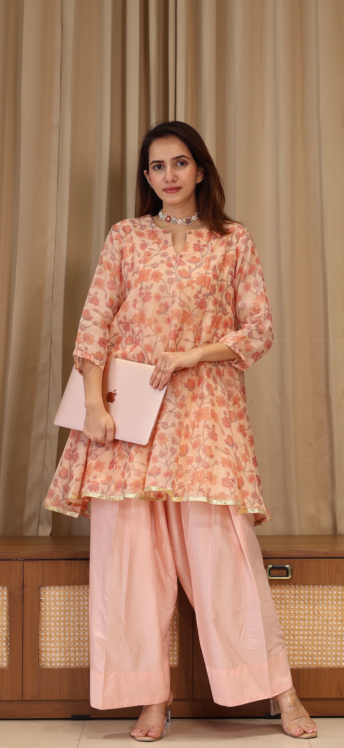Lillies Mul Chanderi Kurta Set - Peach Floral