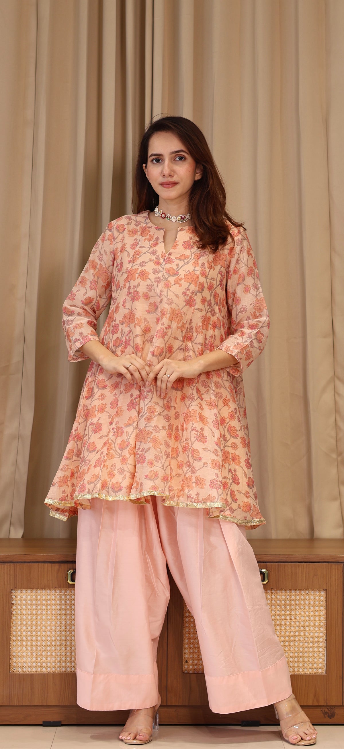 Lillies Mul Chanderi Kurta Set - Peach Floral