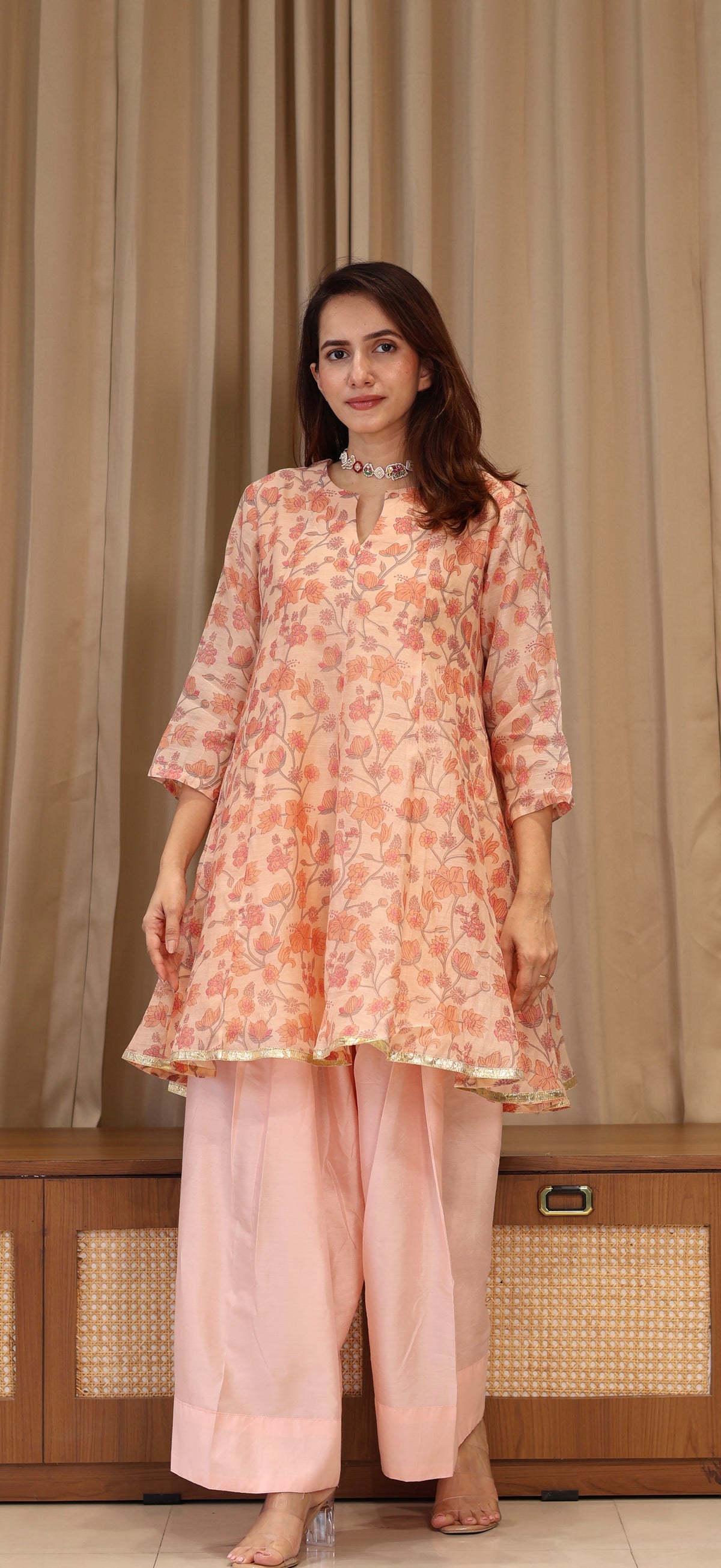 Lillies Mul Chanderi Kurta Set - Peach Floral
