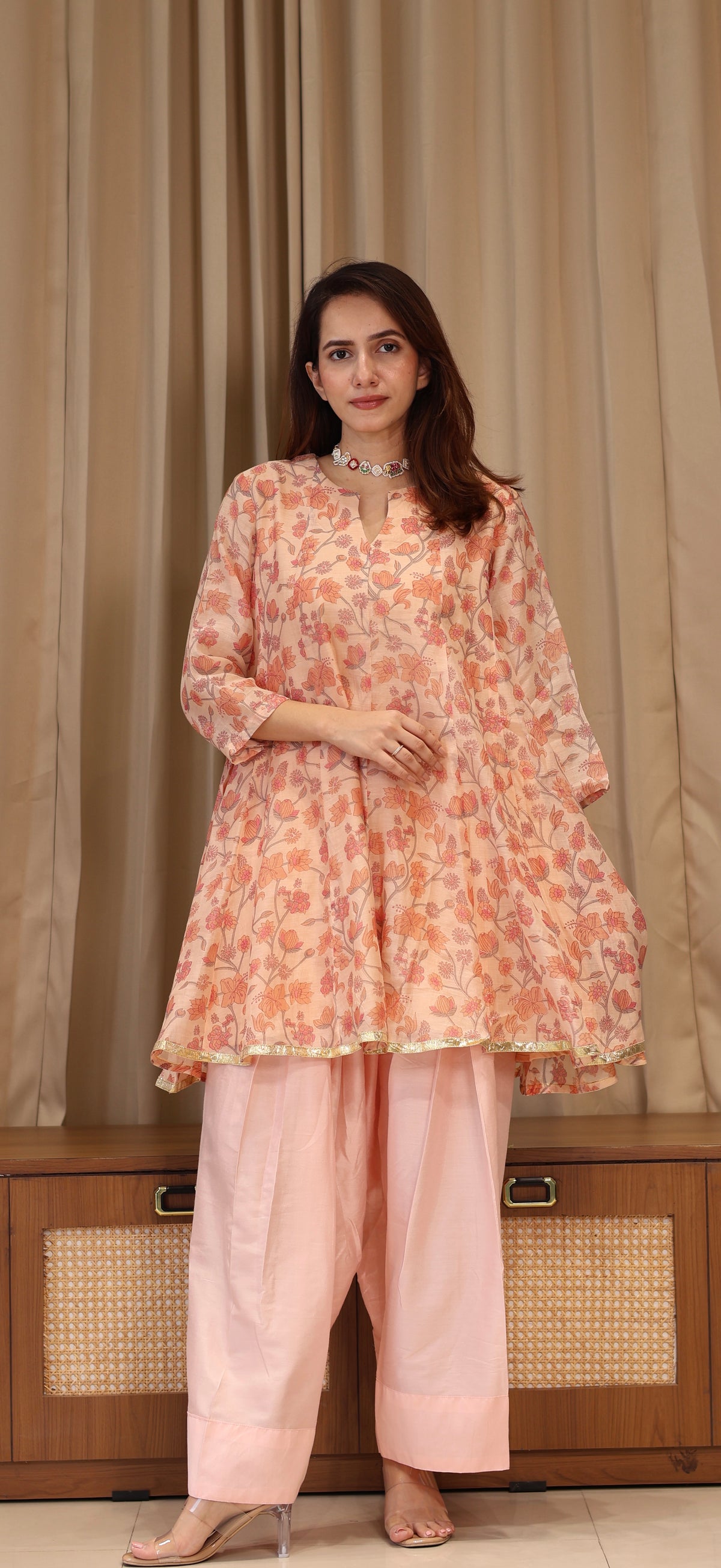 Lillies Mul Chanderi Kurta Set - Peach Floral