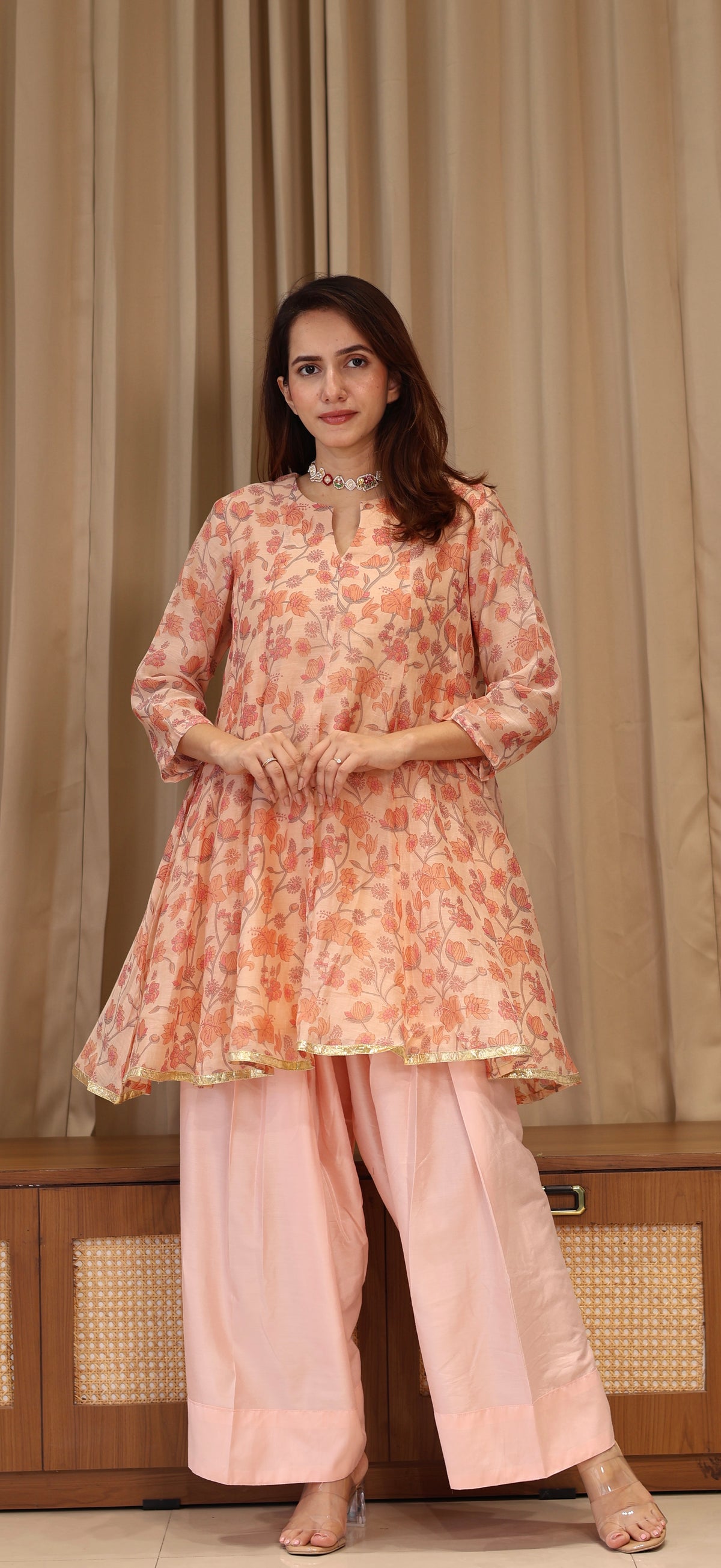 Lillies Mul Chanderi Kurta Set - Peach Floral