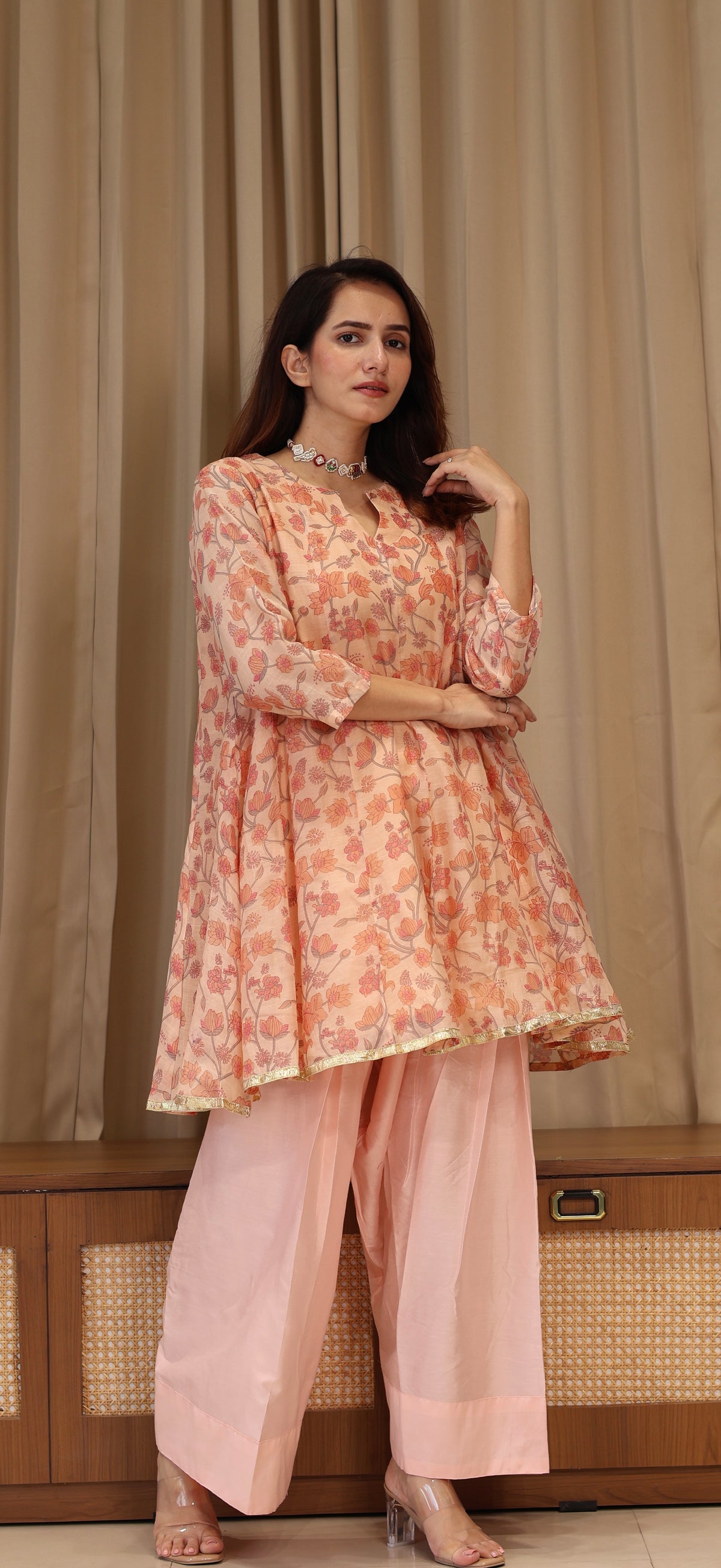 Lillies Mul Chanderi Kurta Set - Peach Floral