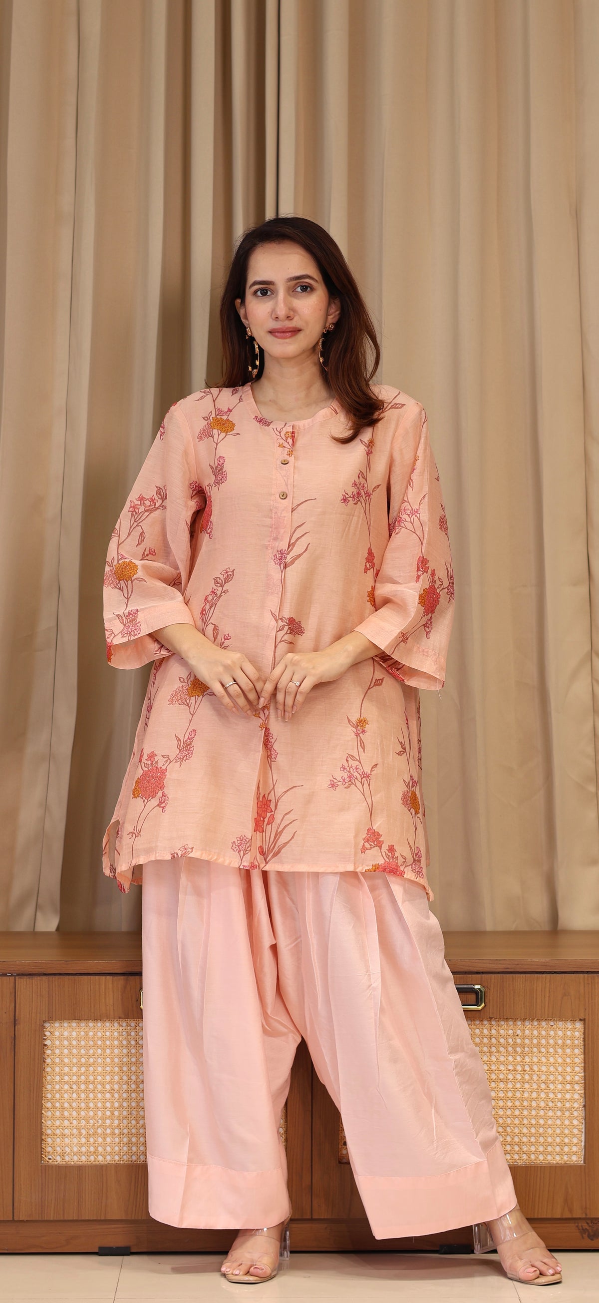 Kesha Mul Chanderi Kurta Set  - Peach Pink