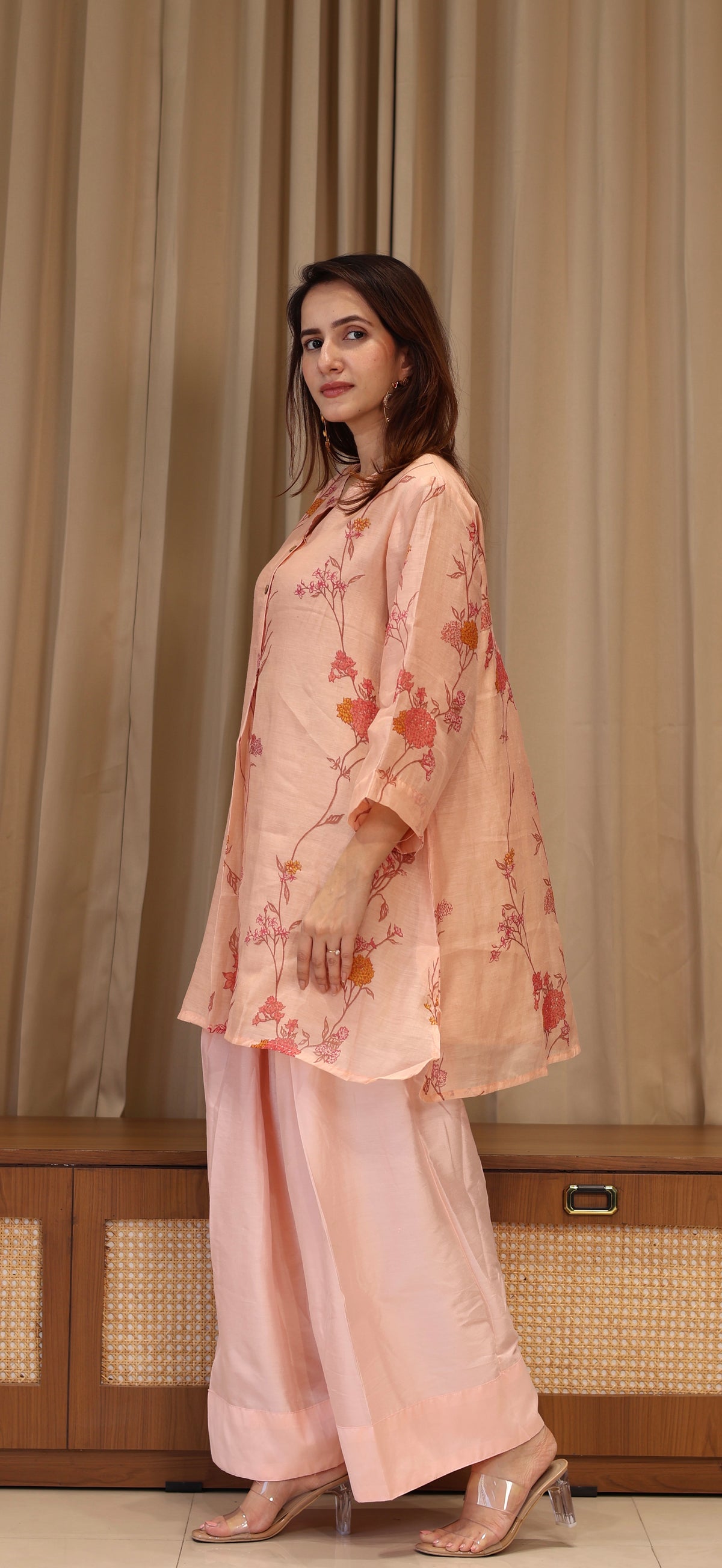 Kesha Mul Chanderi Kurta Set  - Peach Pink