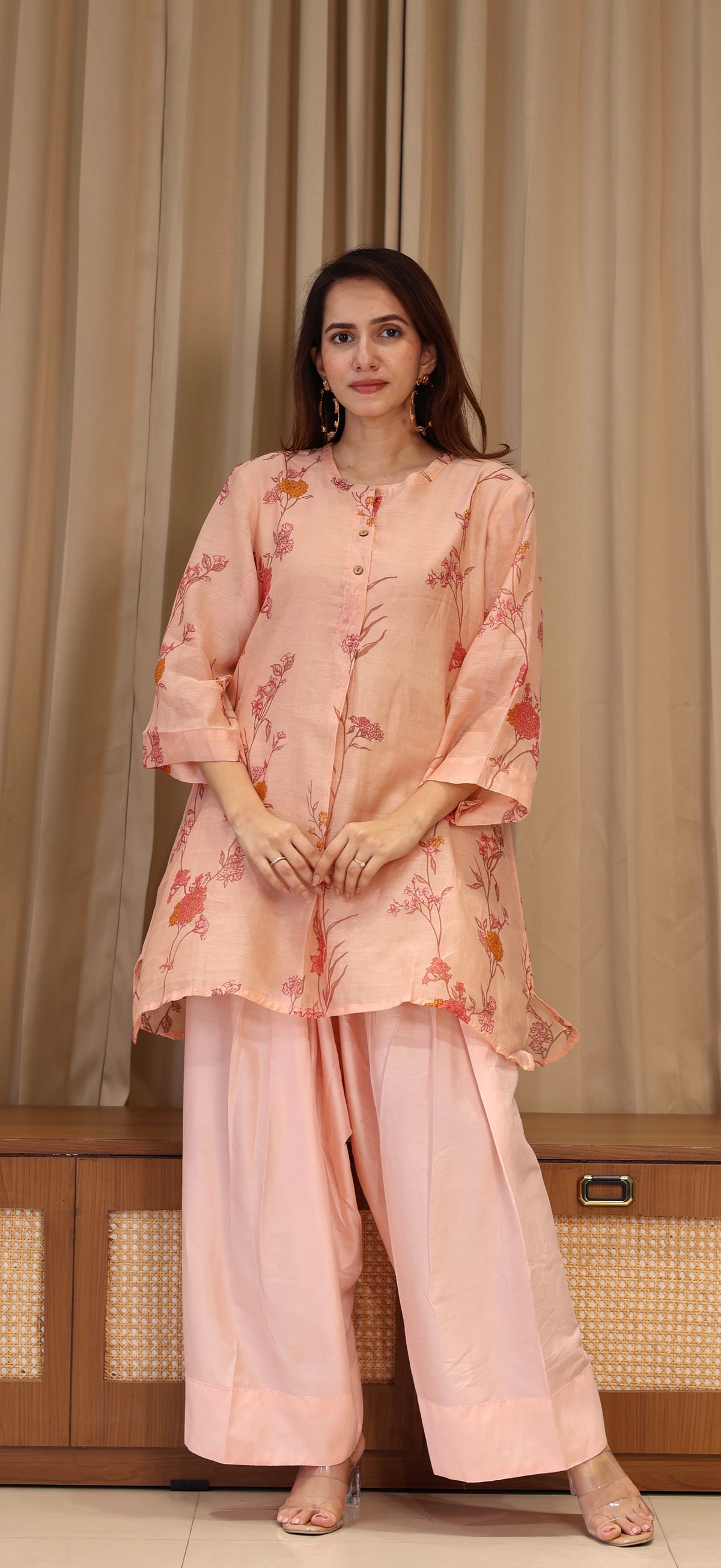 Kesha Mul Chanderi Kurta Set  - Peach Pink