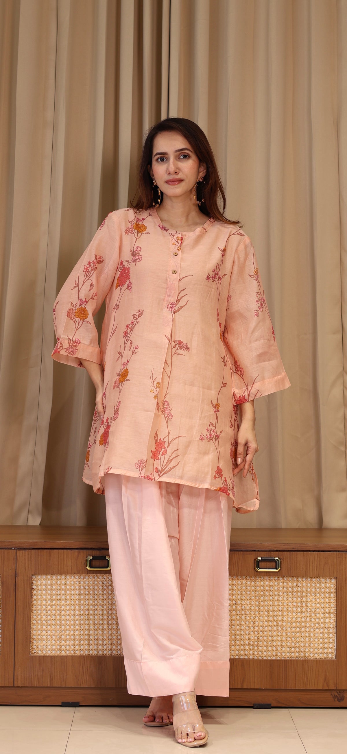Kesha Mul Chanderi Kurta Set  - Peach Pink