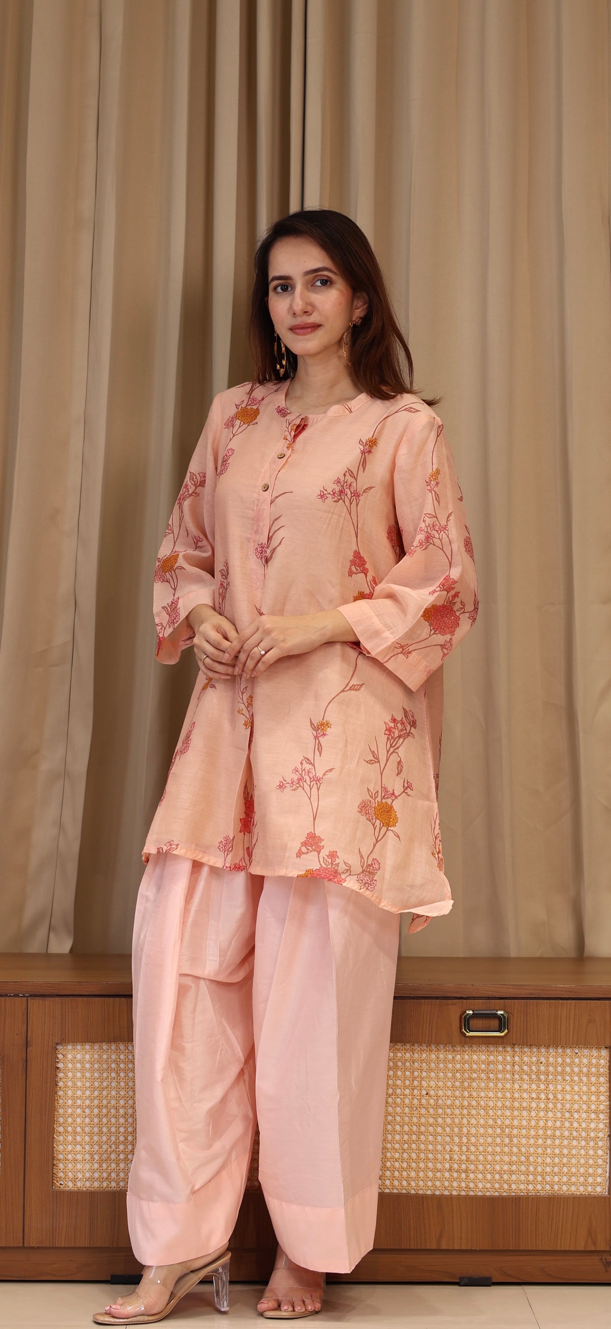 Kesha Mul Chanderi Kurta Set  - Peach Pink