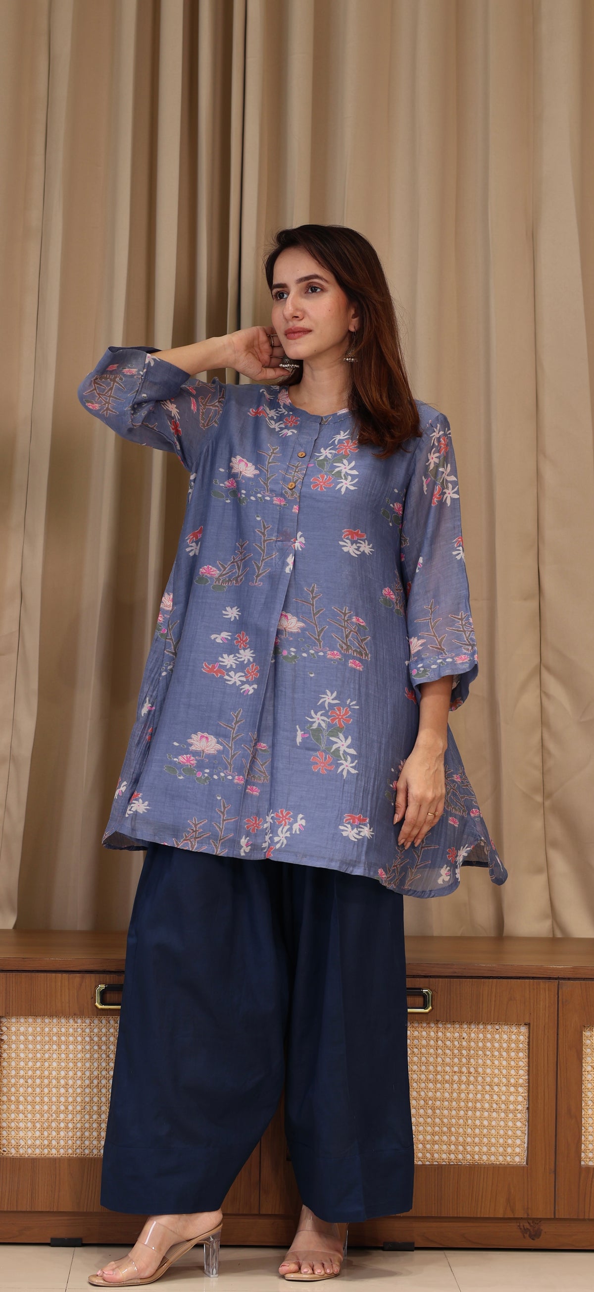 Sarah Mul Chanderi Kurta Set  - Blue