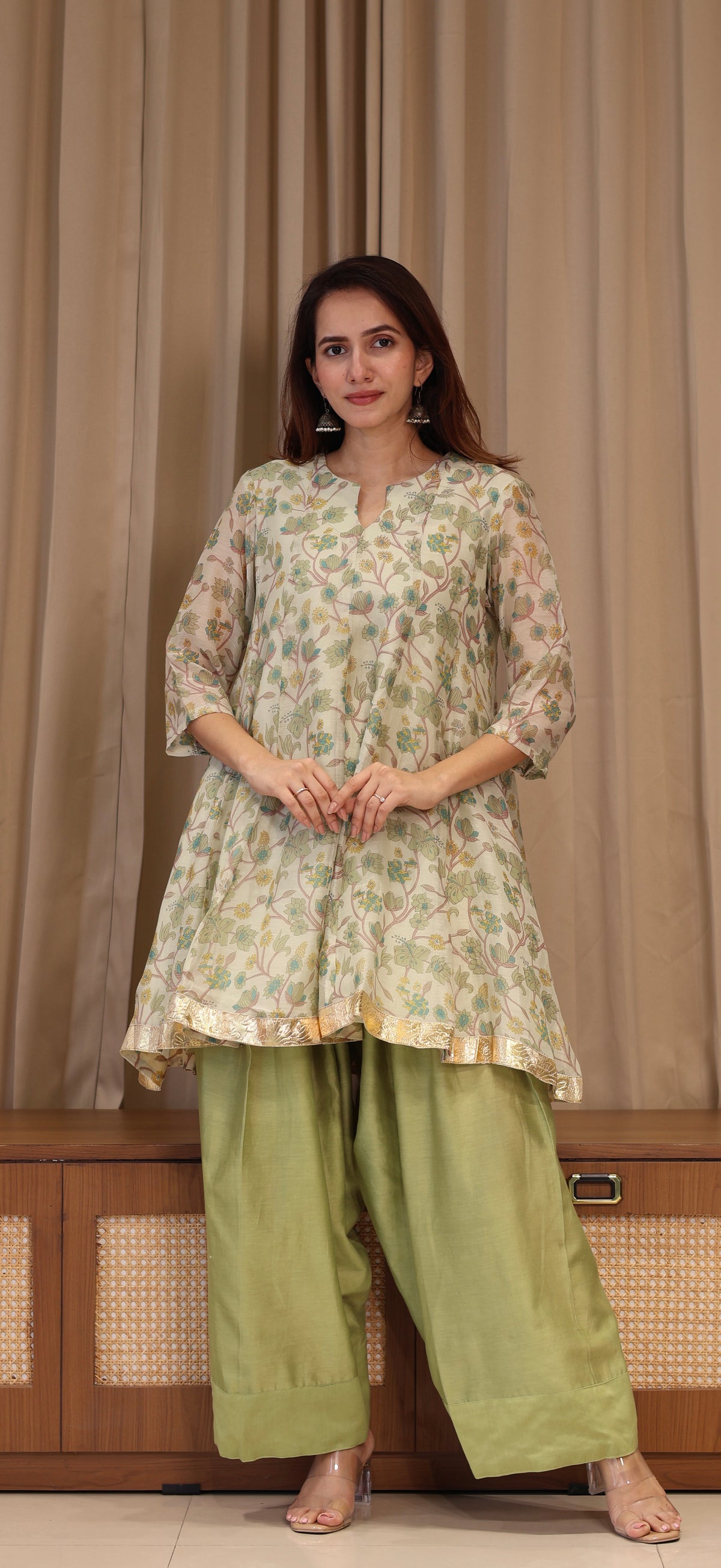Shubha Mul Chanderi Kurta Set - Green Floral