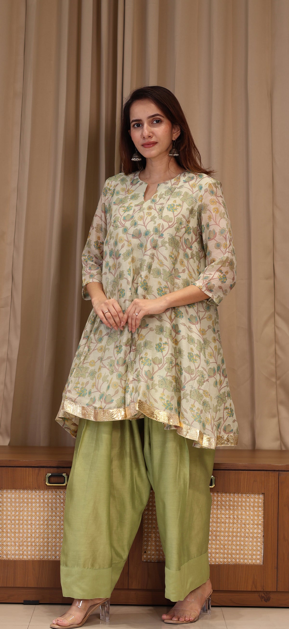 Shubha Mul Chanderi Kurta Set - Green Floral
