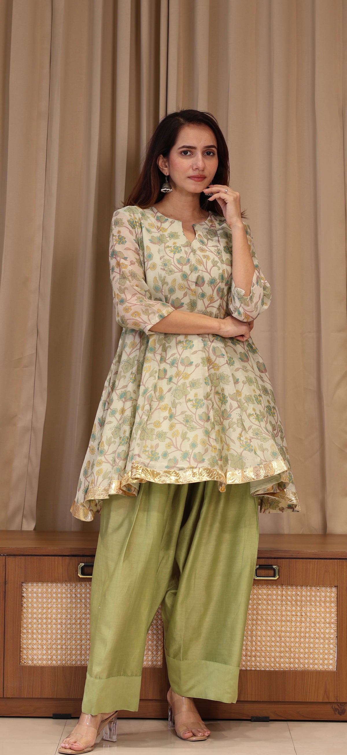 Shubha Mul Chanderi Kurta Set - Green Floral