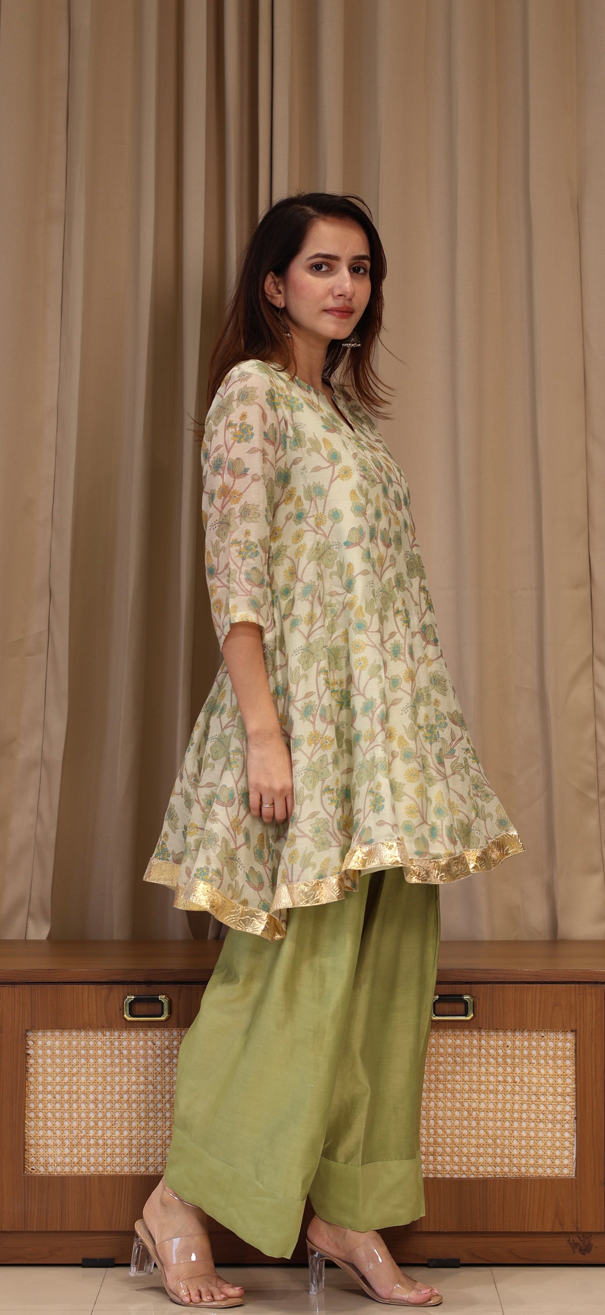 Shubha Mul Chanderi Kurta Set - Green Floral