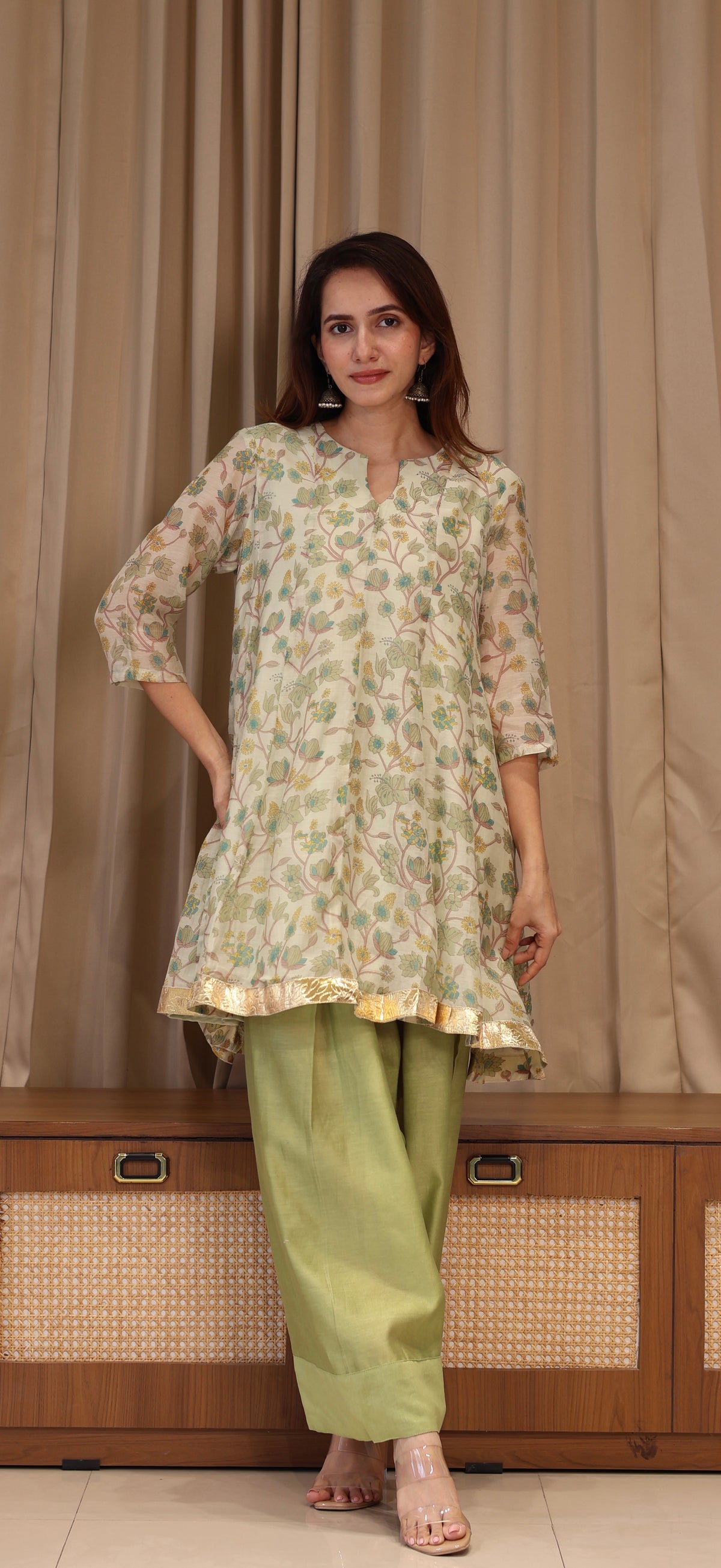 Shubha Mul Chanderi Kurta Set - Green Floral