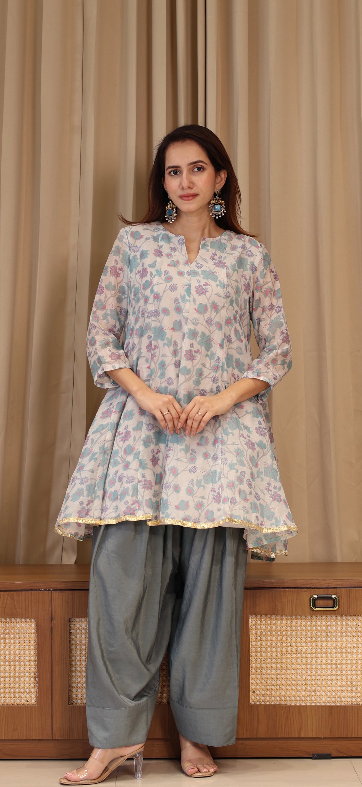 Aarya Mul Chanderi Kurta Set - Blue Floral