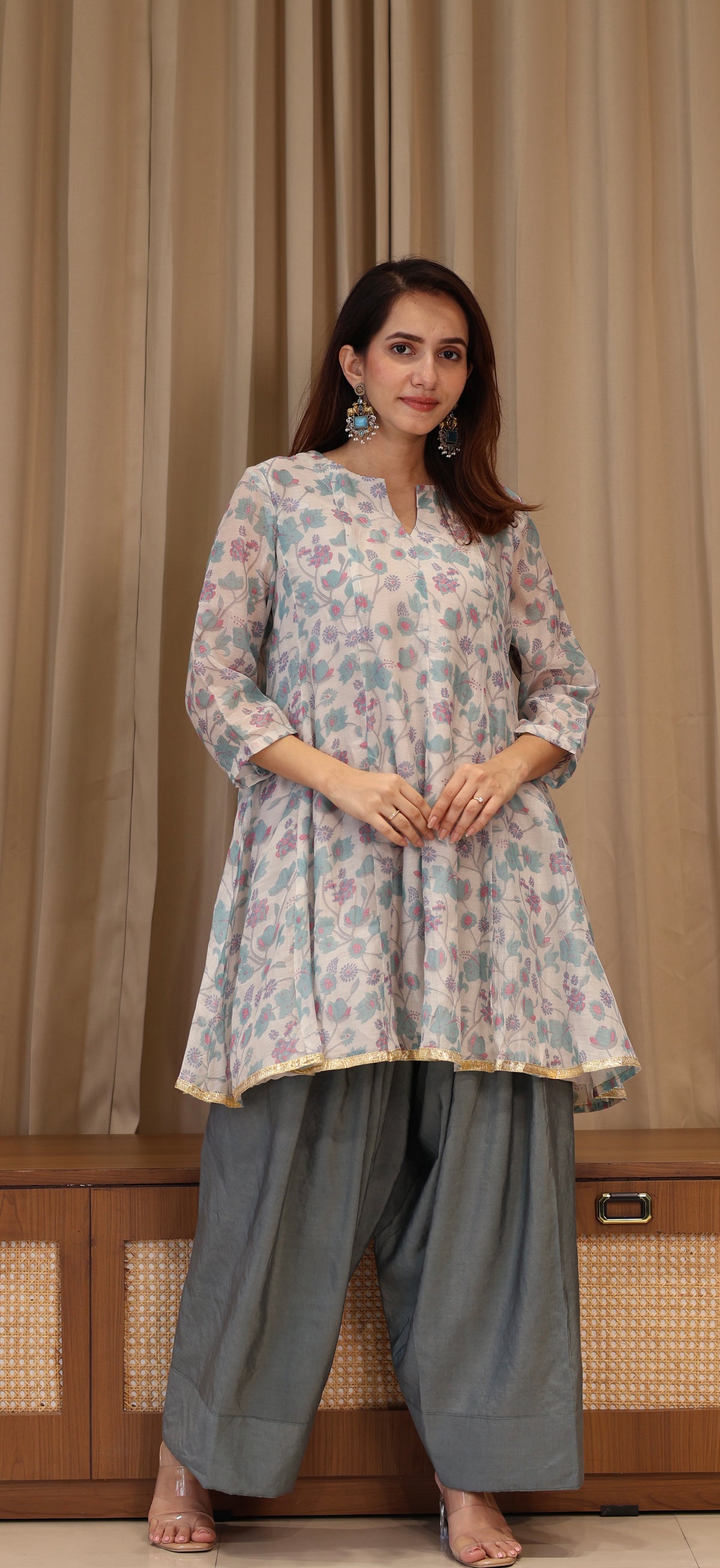 Aarya Mul Chanderi Kurta Set - Blue Floral