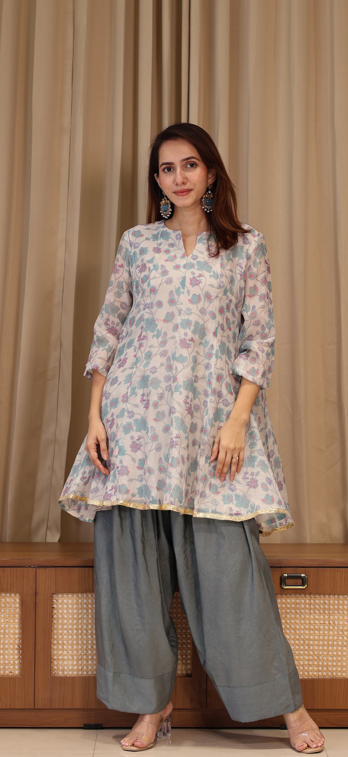 Aarya Mul Chanderi Kurta Set - Blue Floral