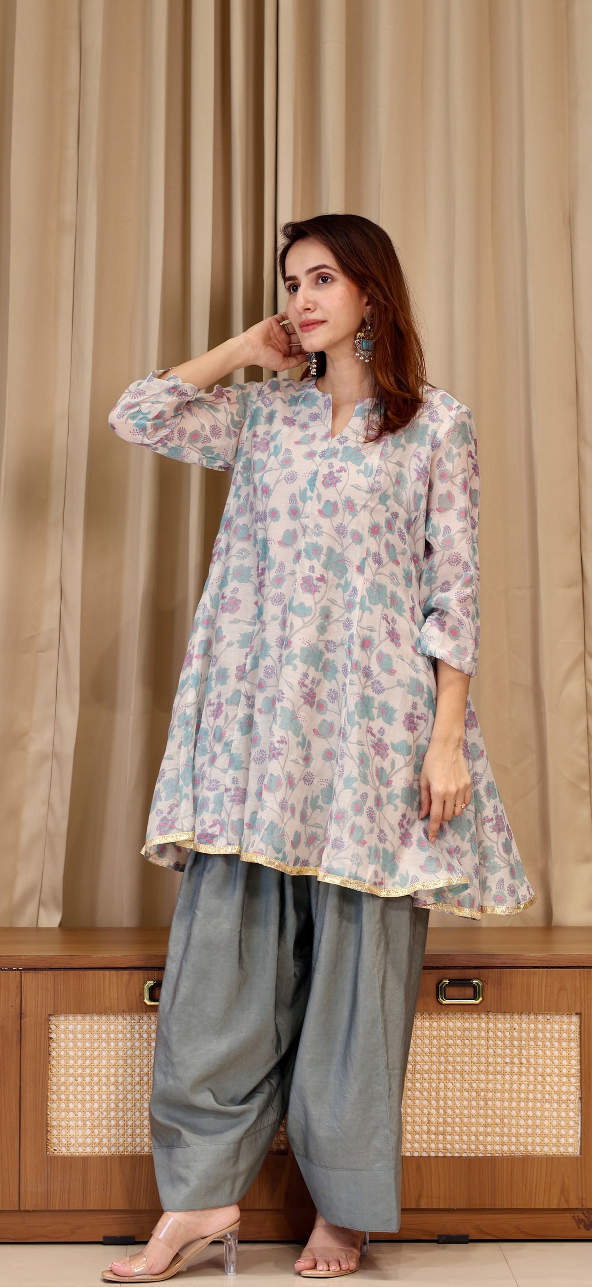 Aarya Mul Chanderi Kurta Set - Blue Floral