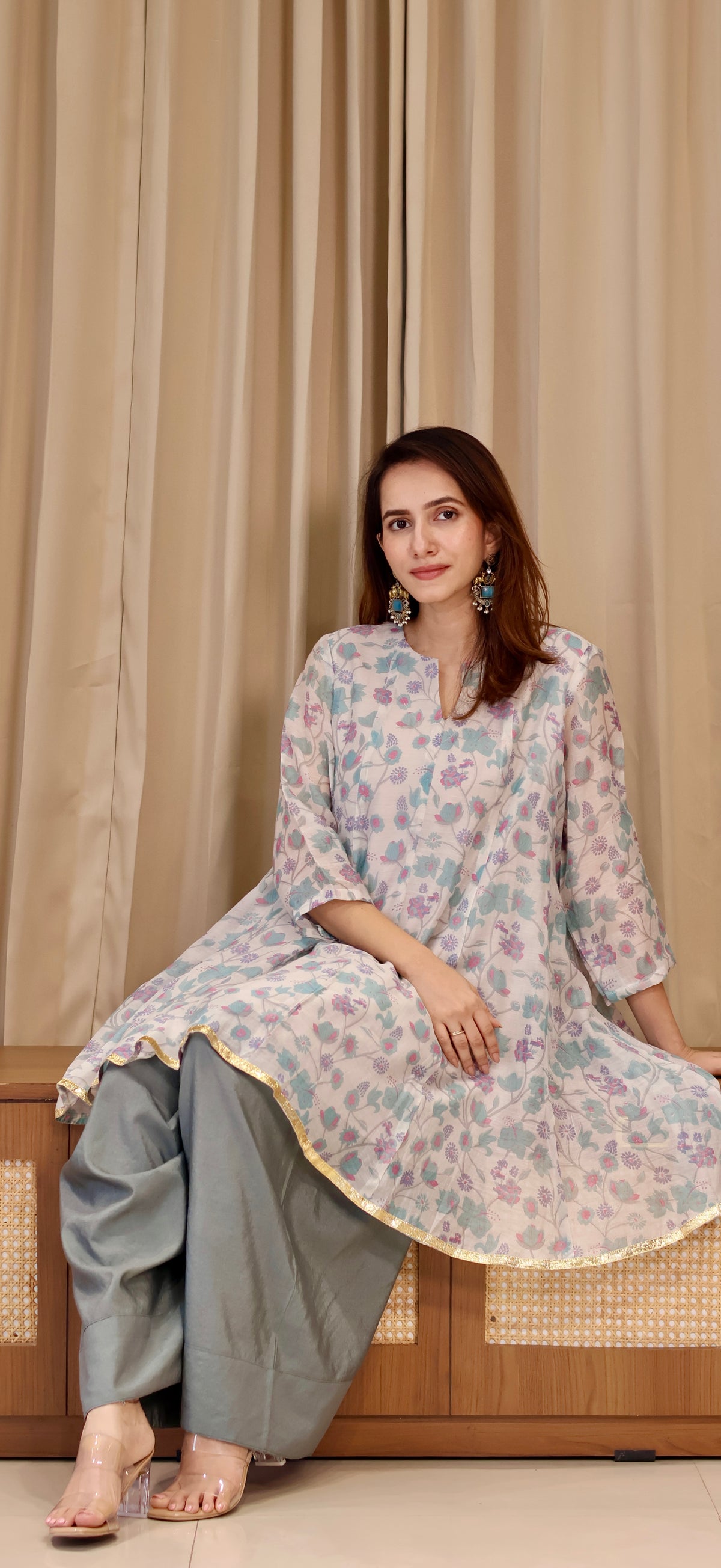 Aarya Mul Chanderi Kurta Set - Blue Floral