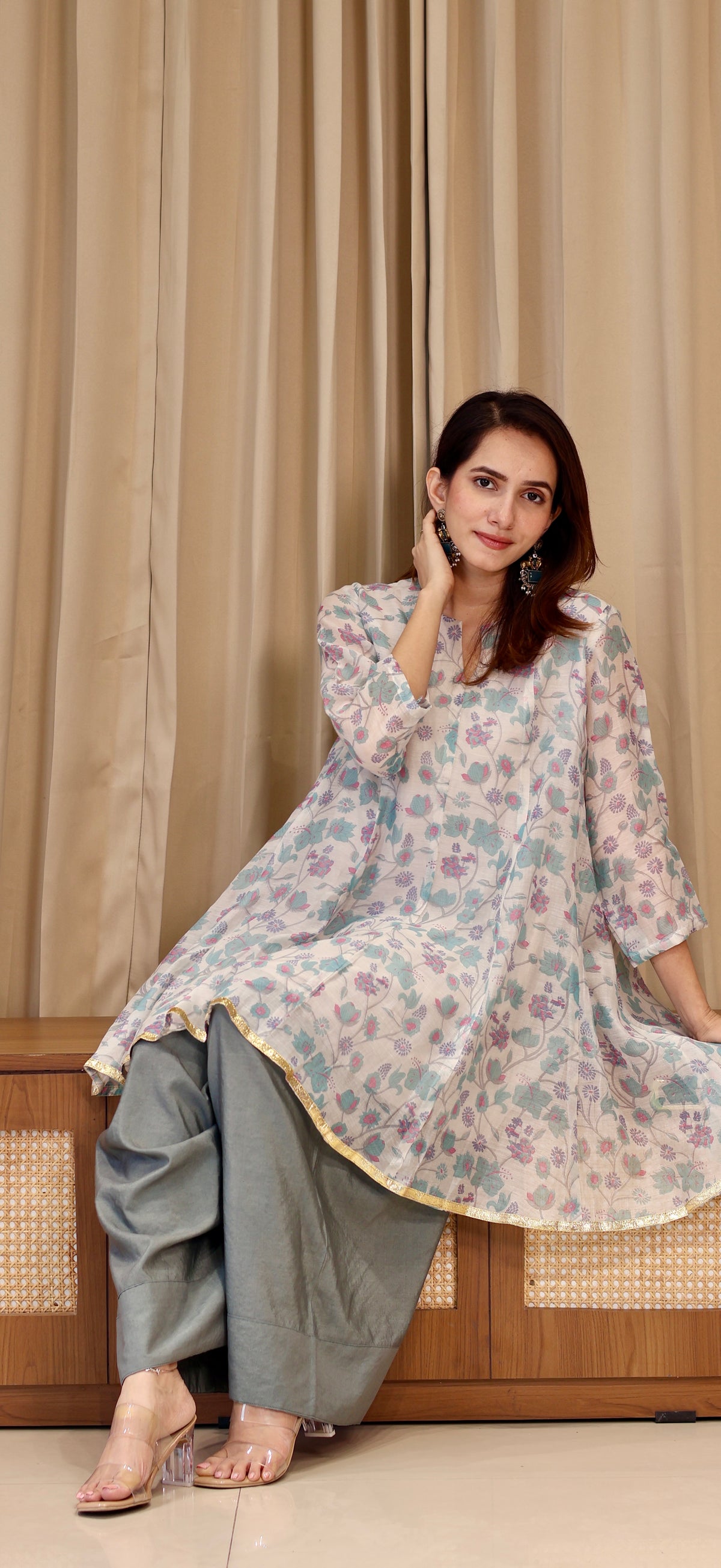 Aarya Mul Chanderi Kurta Set - Blue Floral