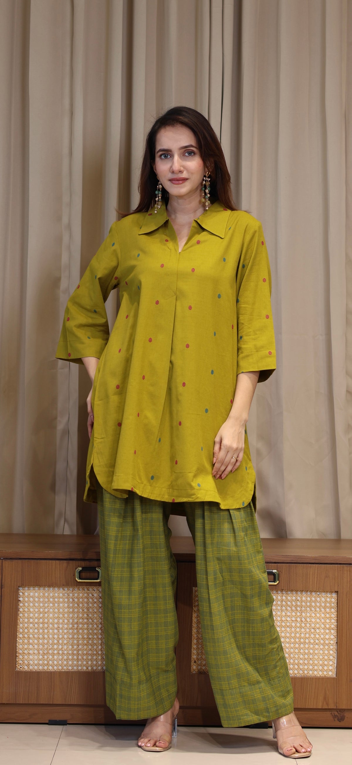 Riddhi Mercerised Cotton Handwoven Kurta Set - Mustard Olive